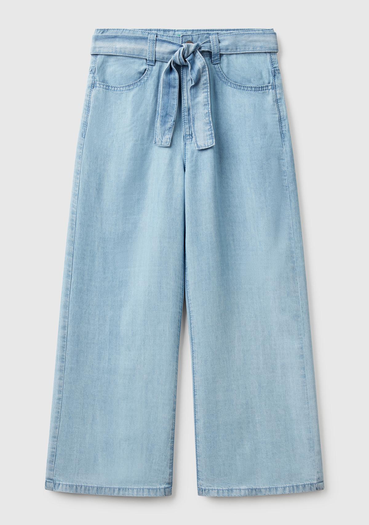 Kız Çocuk Açık Denim %100 Liyosel Beli Kuşaklı Wide Fit Denim Jean