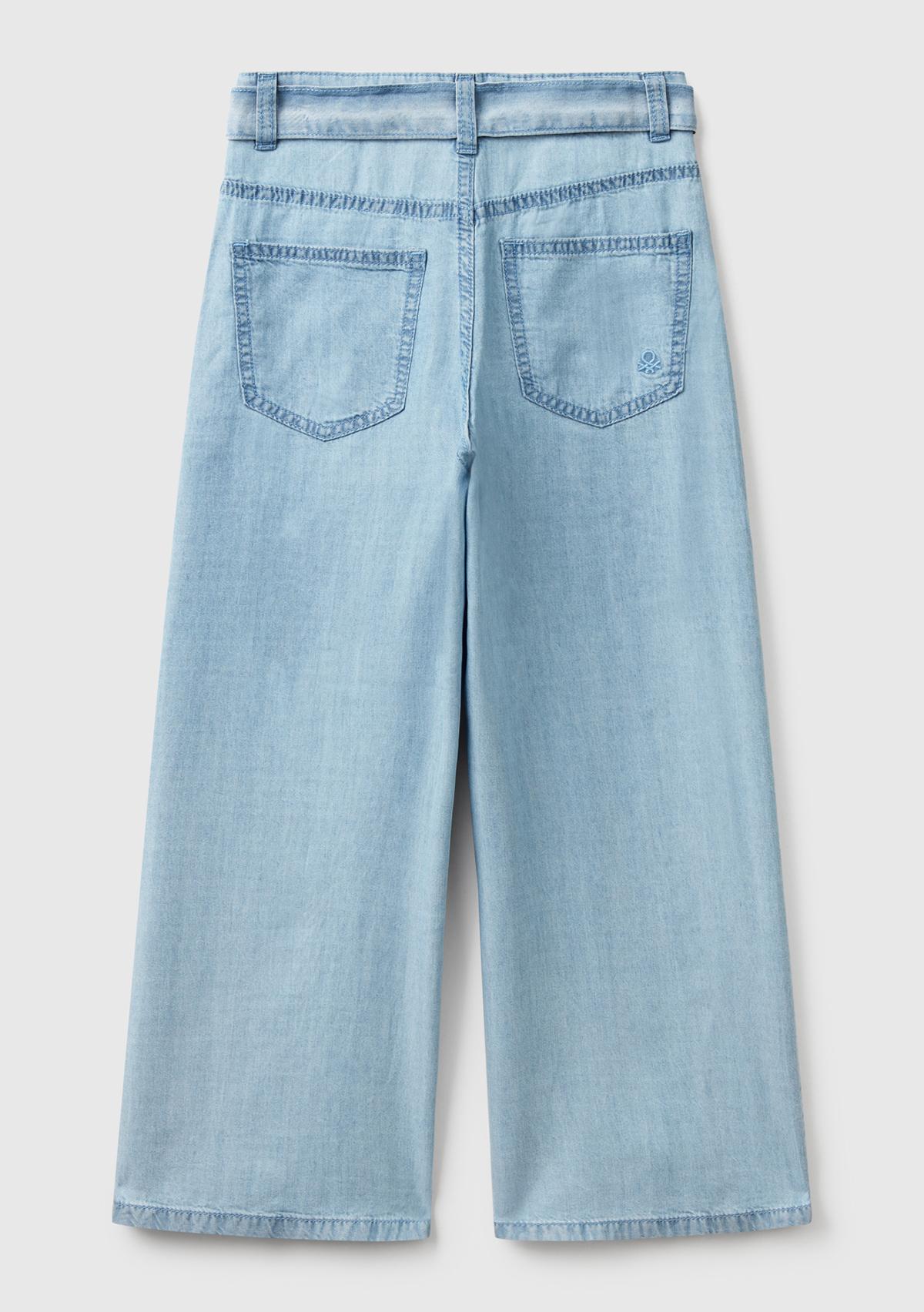 Kız Çocuk Açık Denim %100 Liyosel Beli Kuşaklı Wide Fit Denim Jean