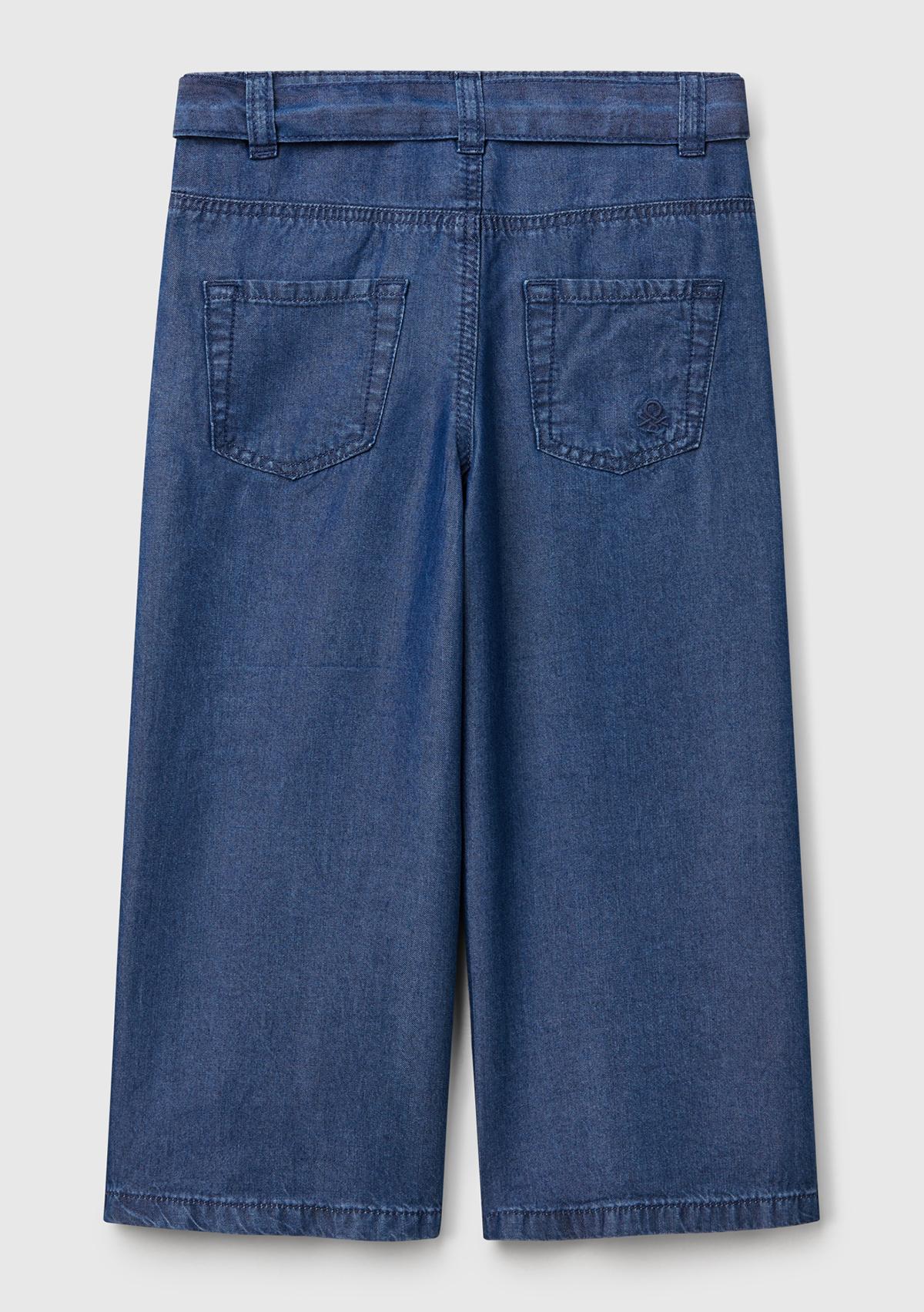 Kız Çocuk Koyu Denim %100 Liyosel Taş Yıkama Kuşaklı Wide Leg Denim Pantolon
