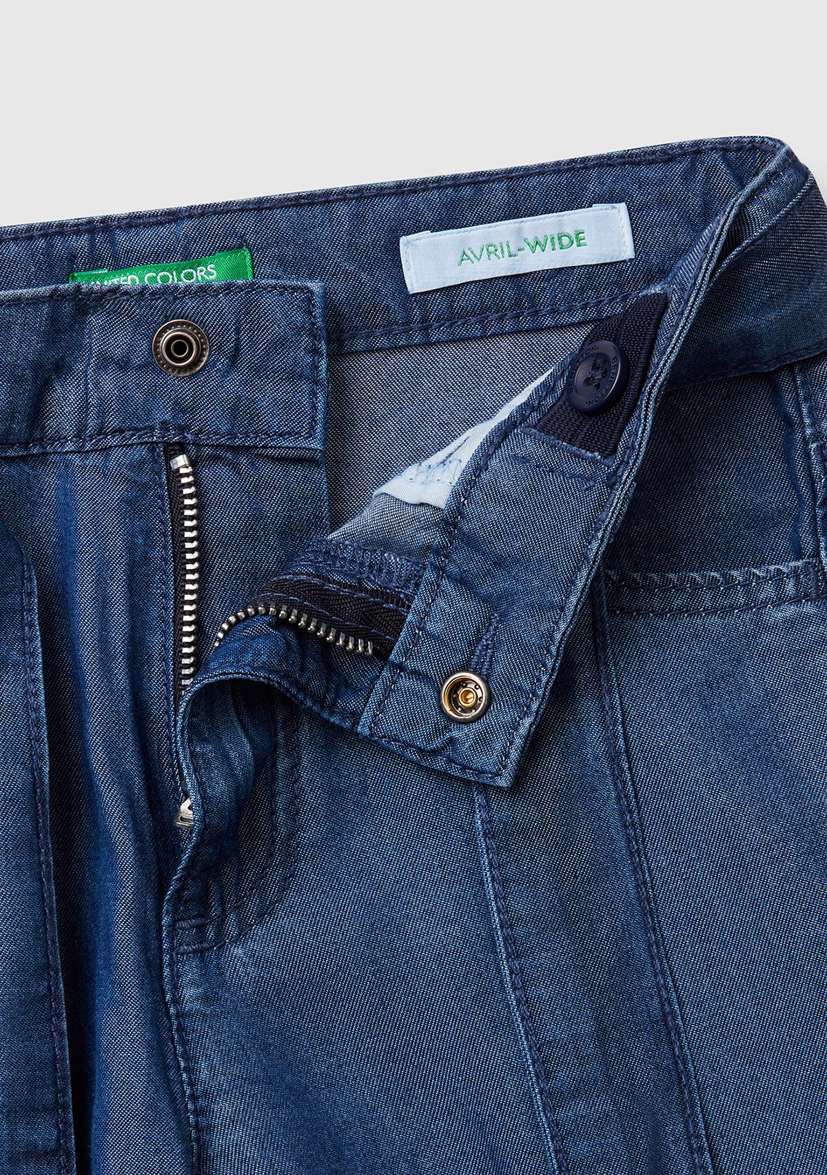 Kız Çocuk Koyu Denim %100 Liyosel Taş Yıkama Kuşaklı Wide Leg Denim Pantolon