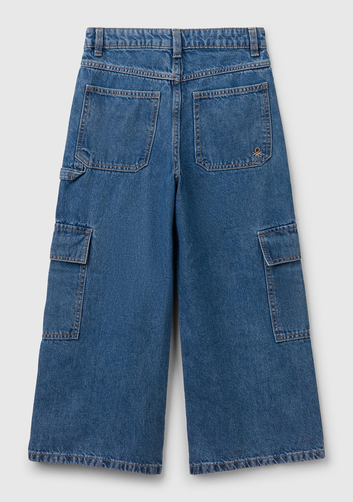 Kız Çocuk Denim Taş Yıkama Wide Fit Kargo Denim Jean
