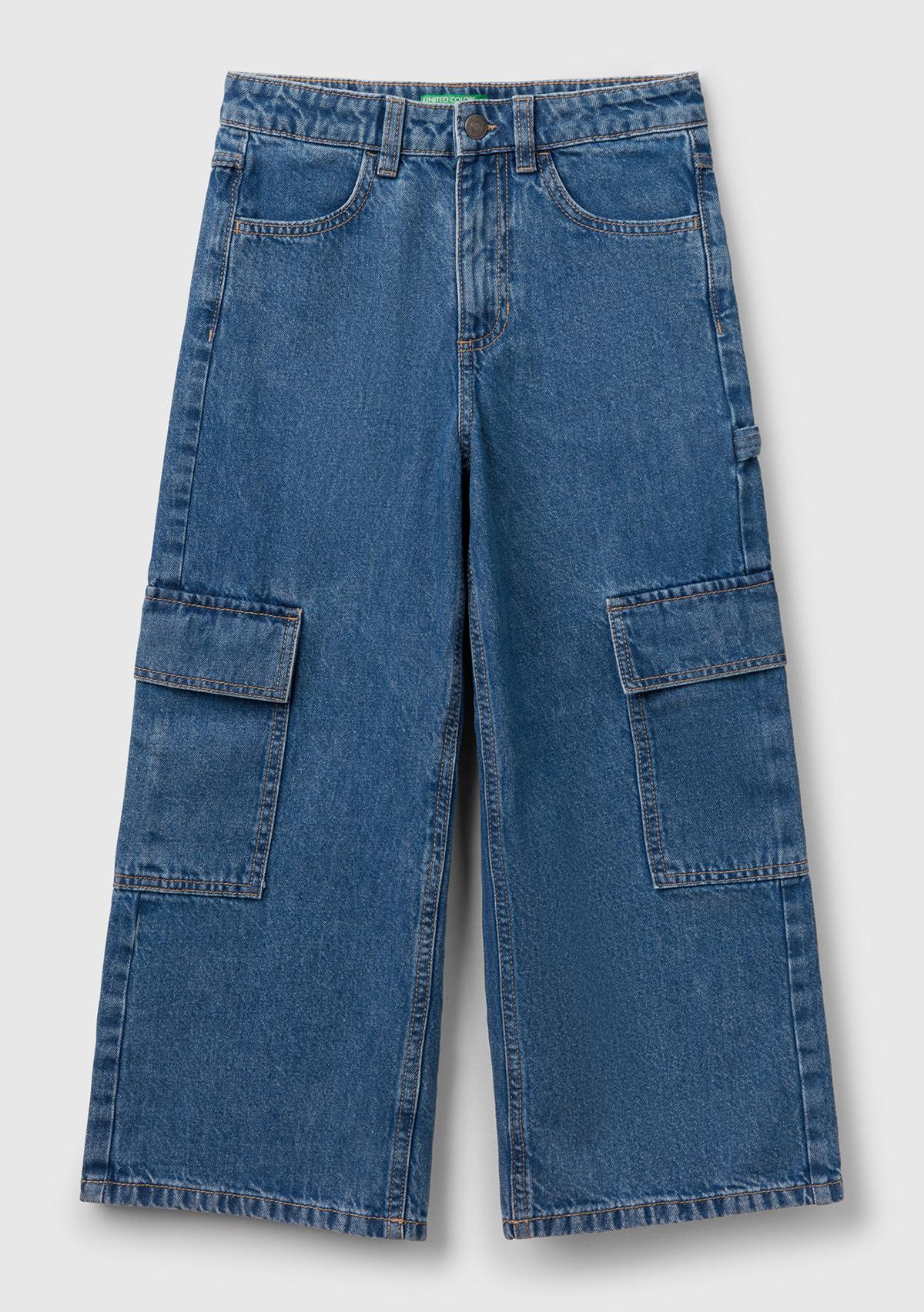 Kız Çocuk Denim Taş Yıkama Wide Fit Kargo Denim Jean