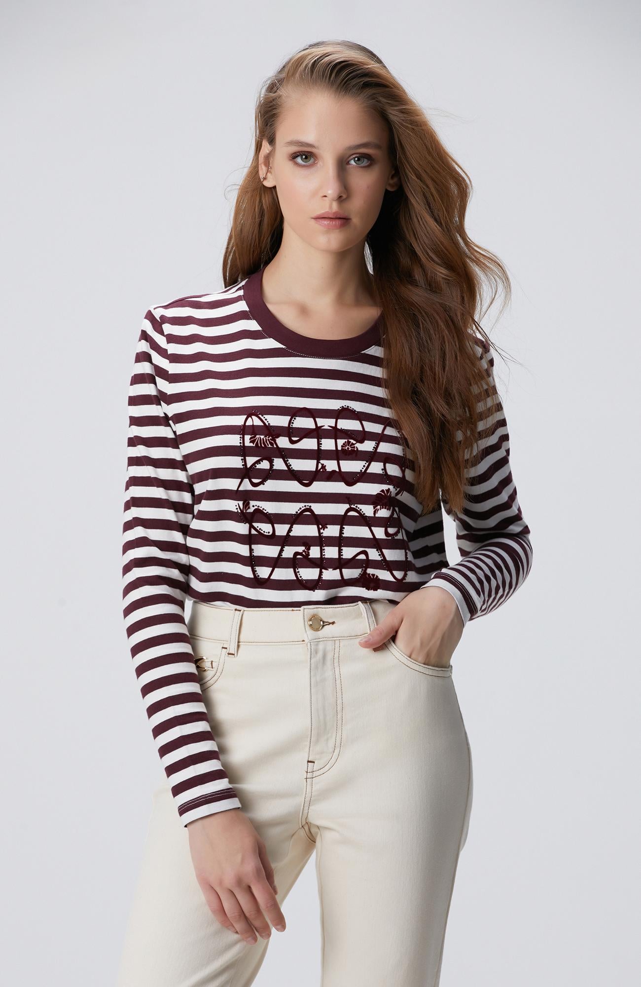 Network Kadın Beyaz Bordo T-Shirt