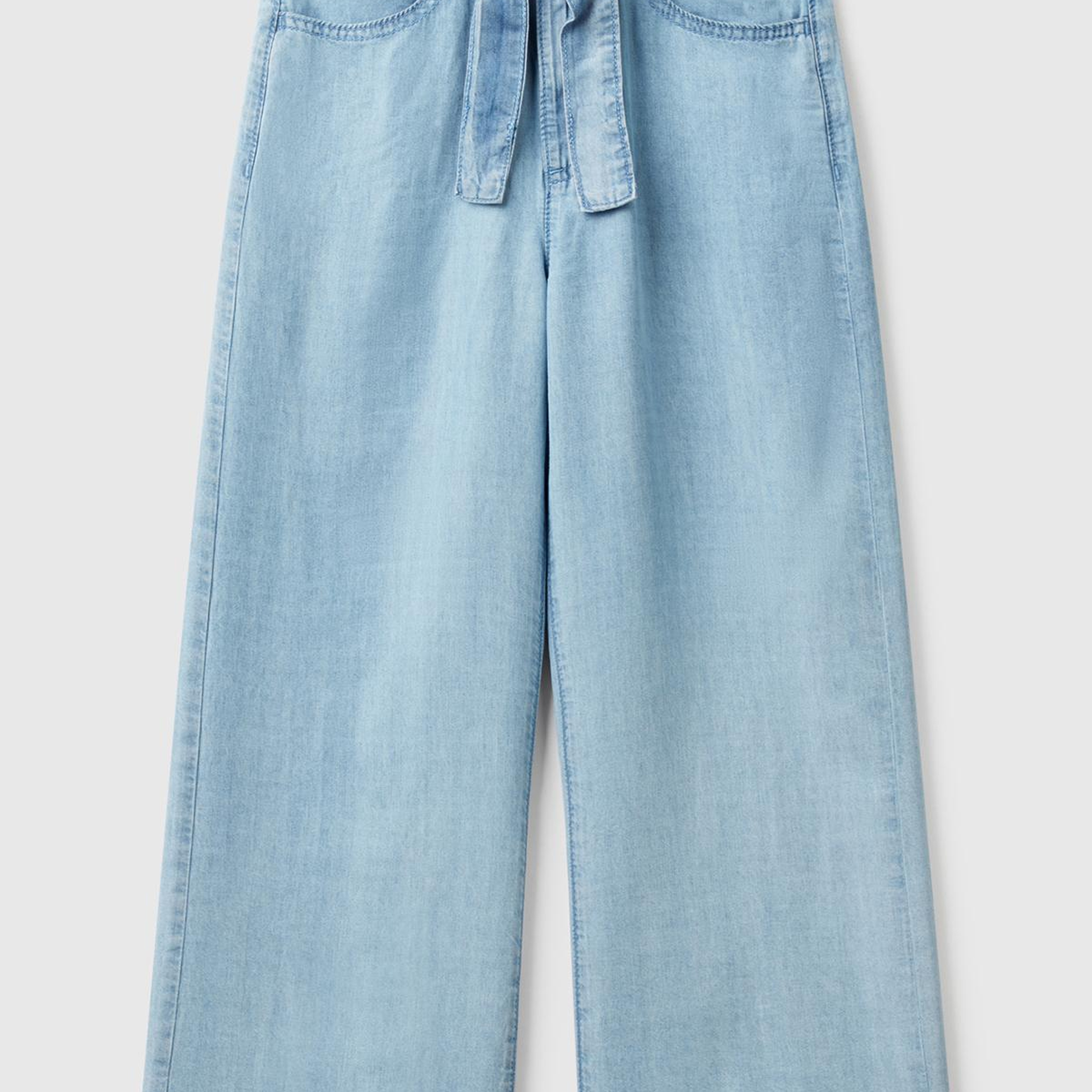 Kız Çocuk Açık Denim %100 Liyosel Beli Kuşaklı Wide Fit Denim Jean