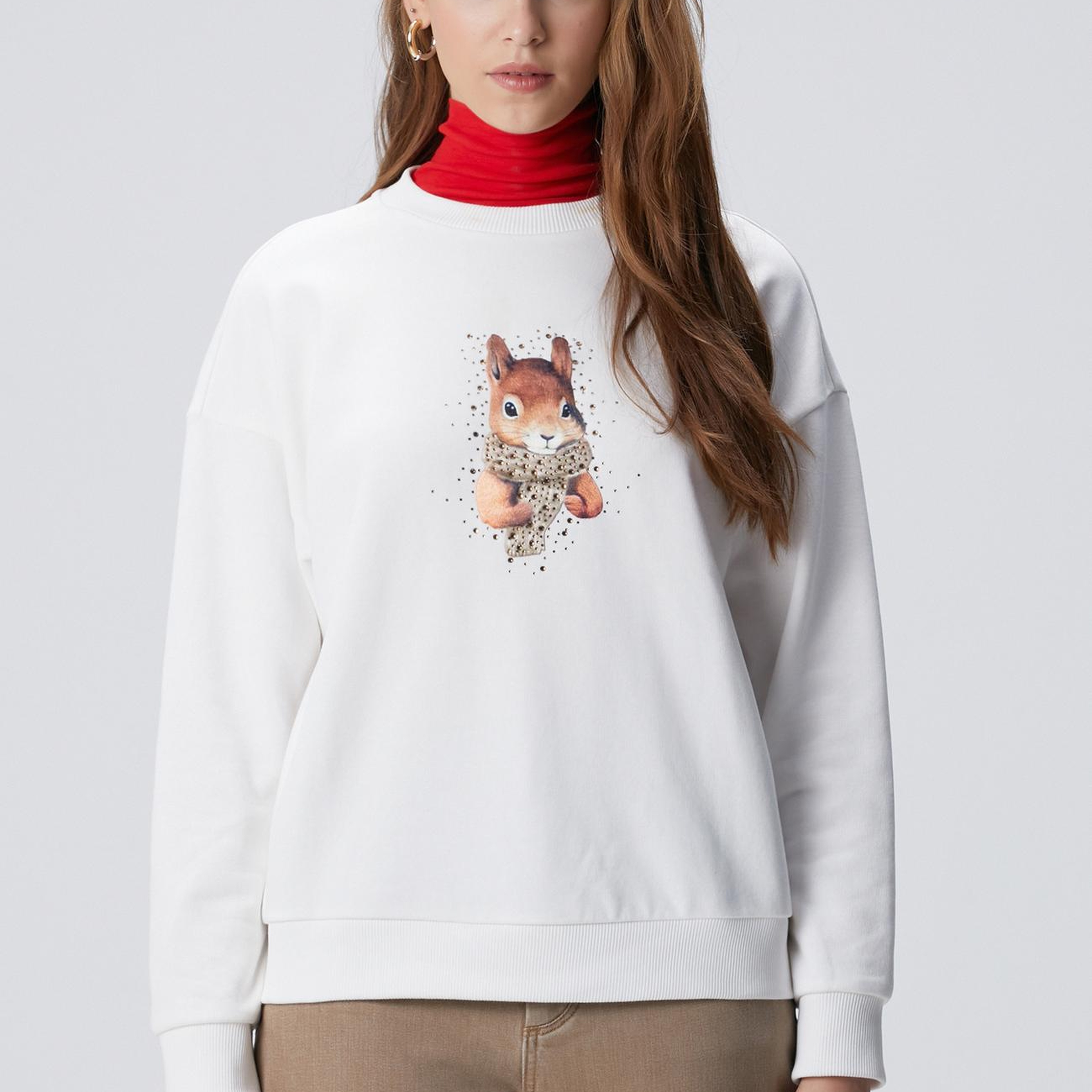 Network Kadın Kırık Beyaz Sincap Figürlü Sweatshirt