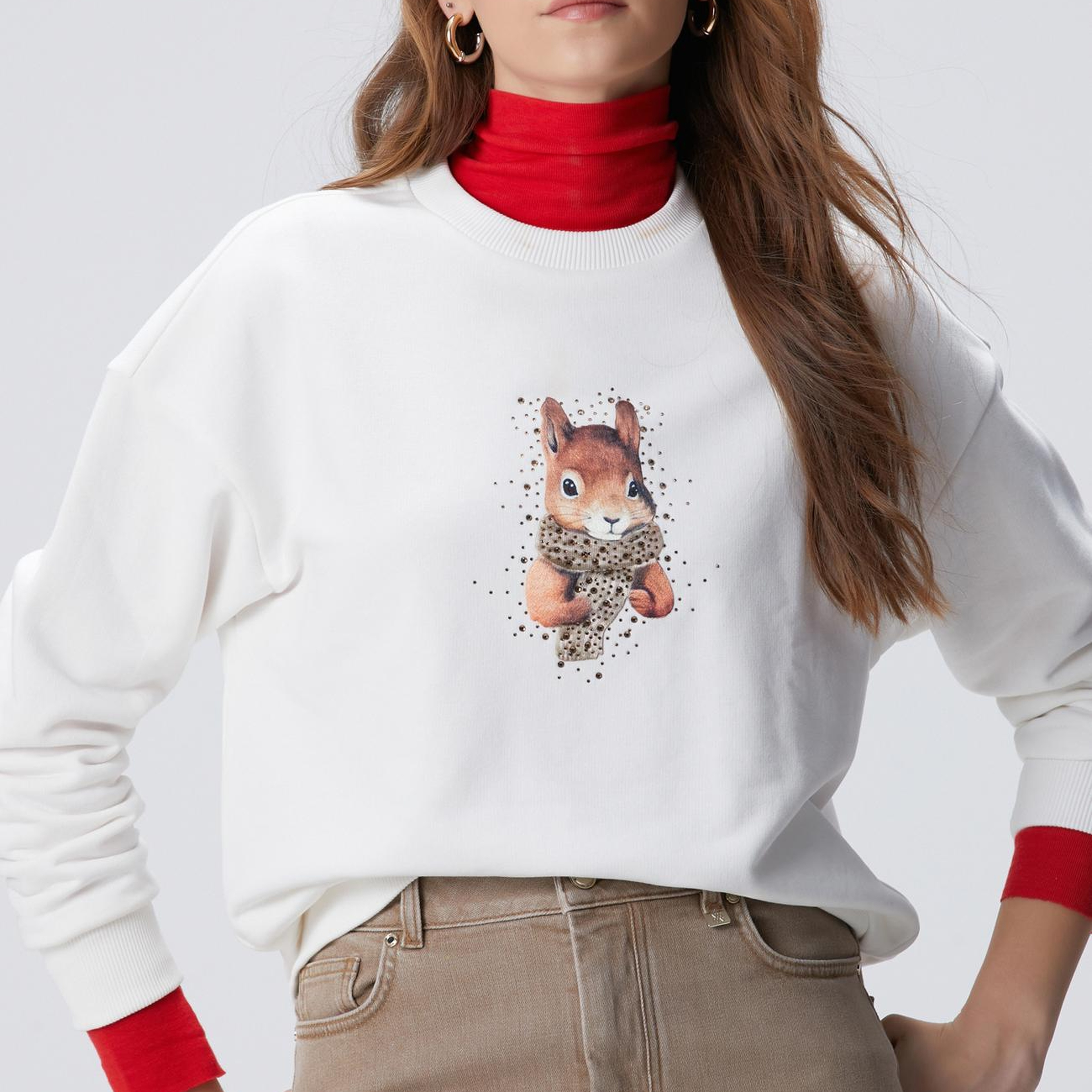 Network Kadın Kırık Beyaz Sincap Figürlü Sweatshirt