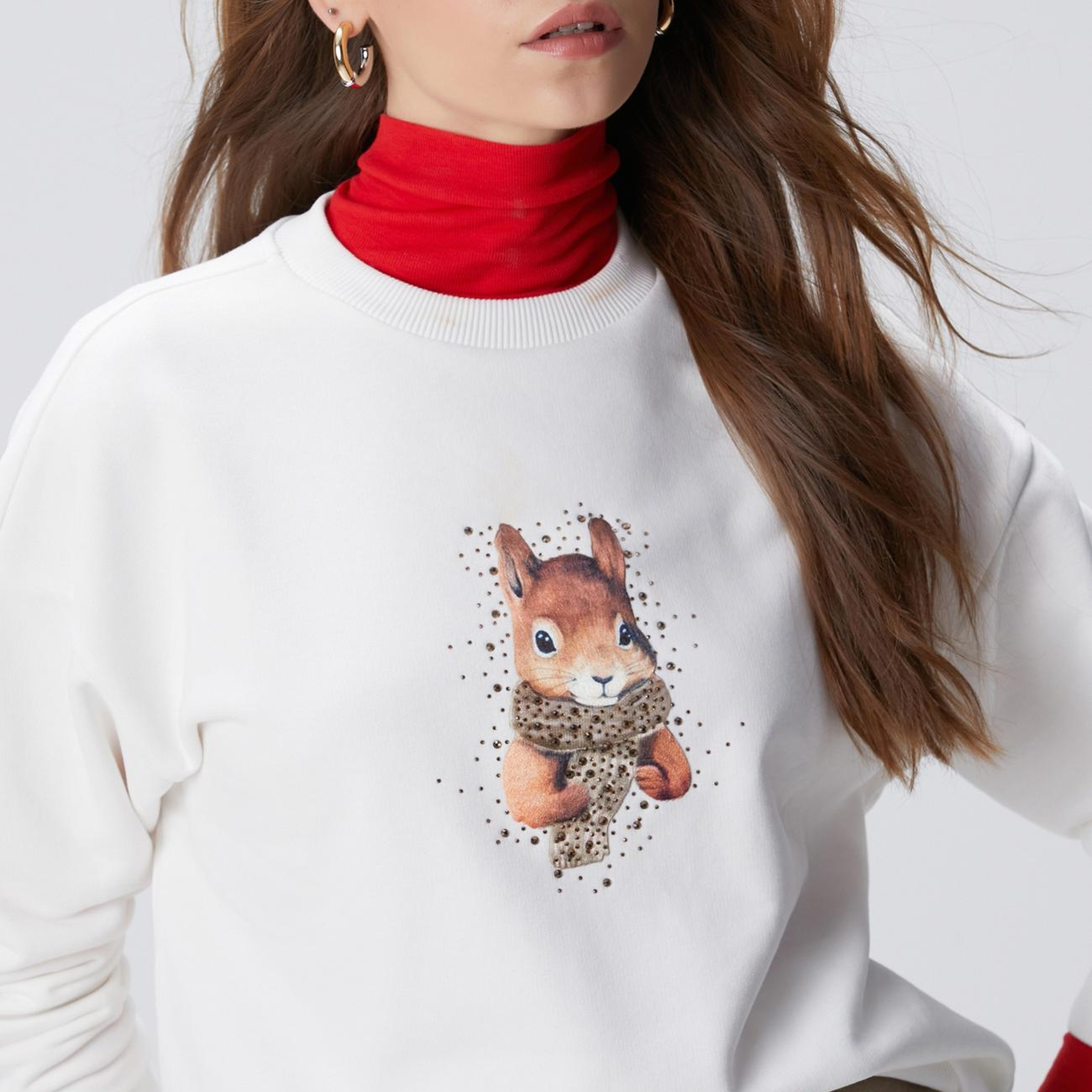 Network Kadın Kırık Beyaz Sincap Figürlü Sweatshirt