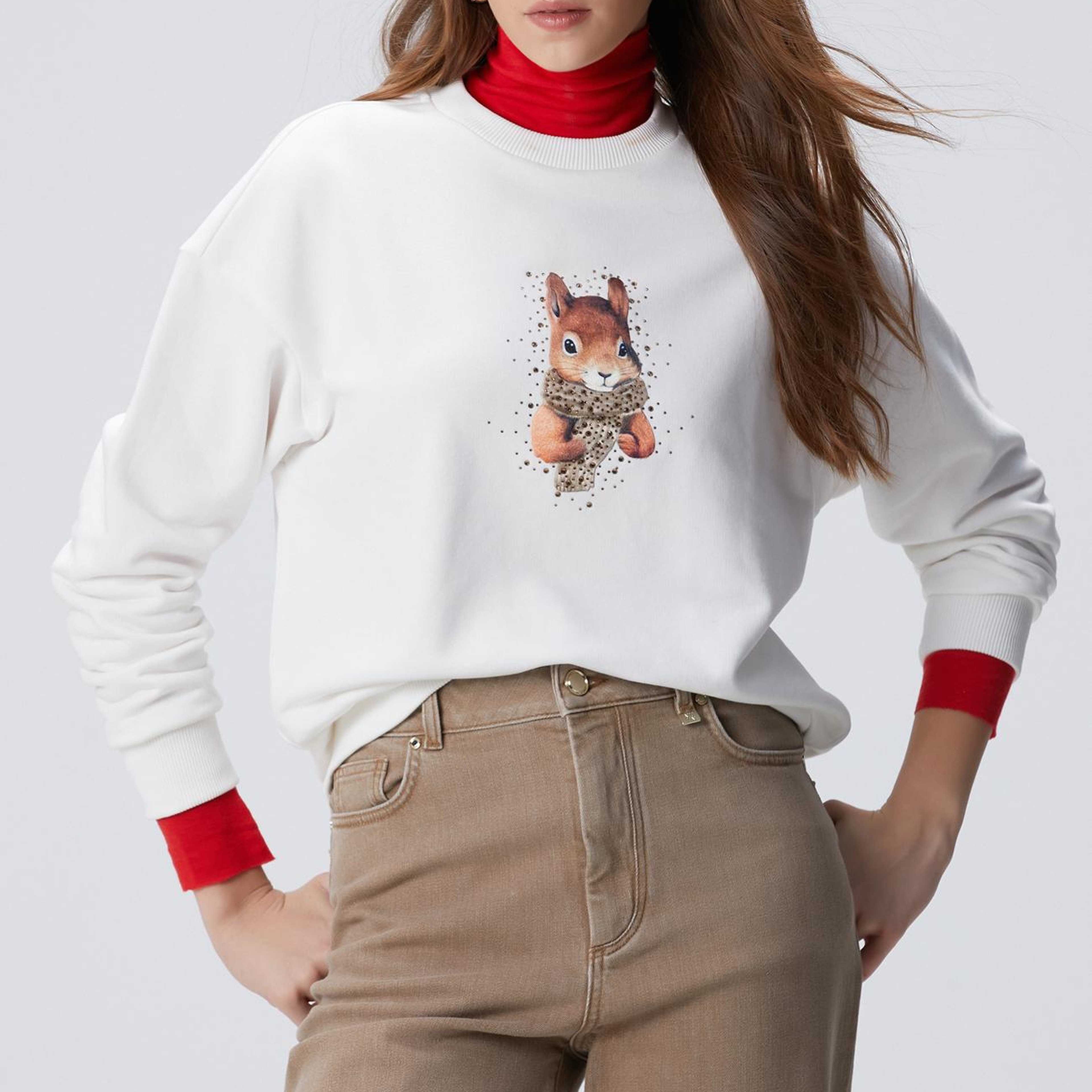 Network Kadın Kırık Beyaz Sincap Figürlü Sweatshirt