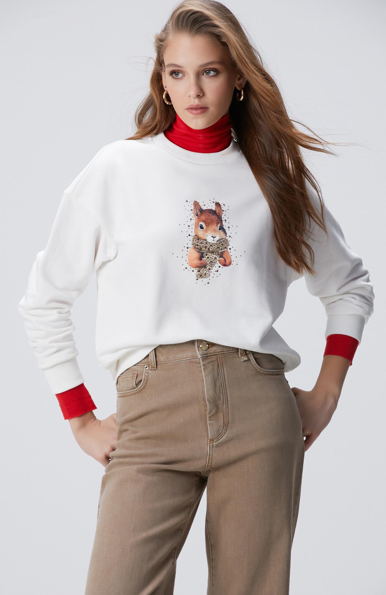 Network Kadın Kırık Beyaz Sincap Figürlü Sweatshirt