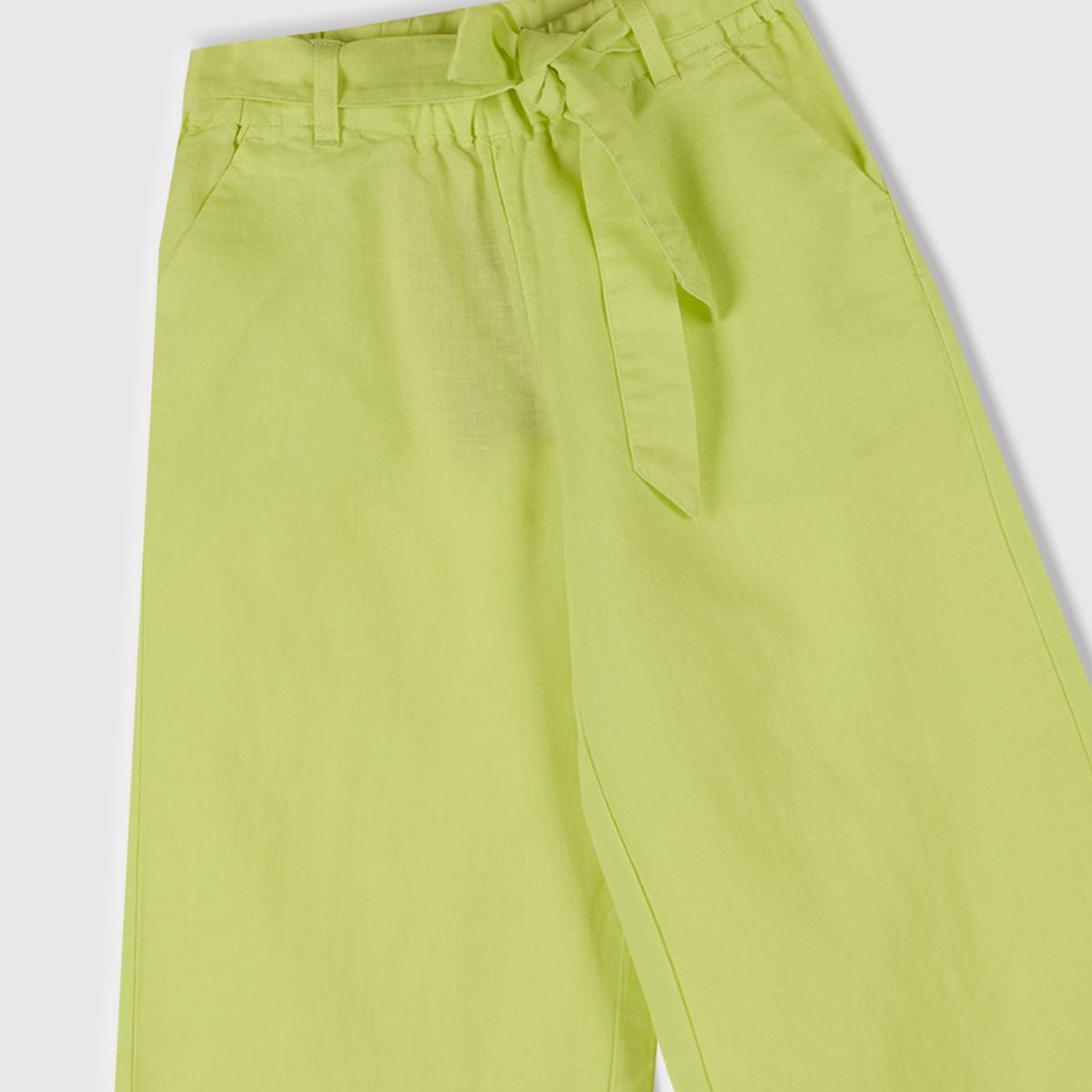 Kız Çocuk Sarı Keten Karışımlı Beli Dikişli Kuşaklı Geniş Paça Pantolon