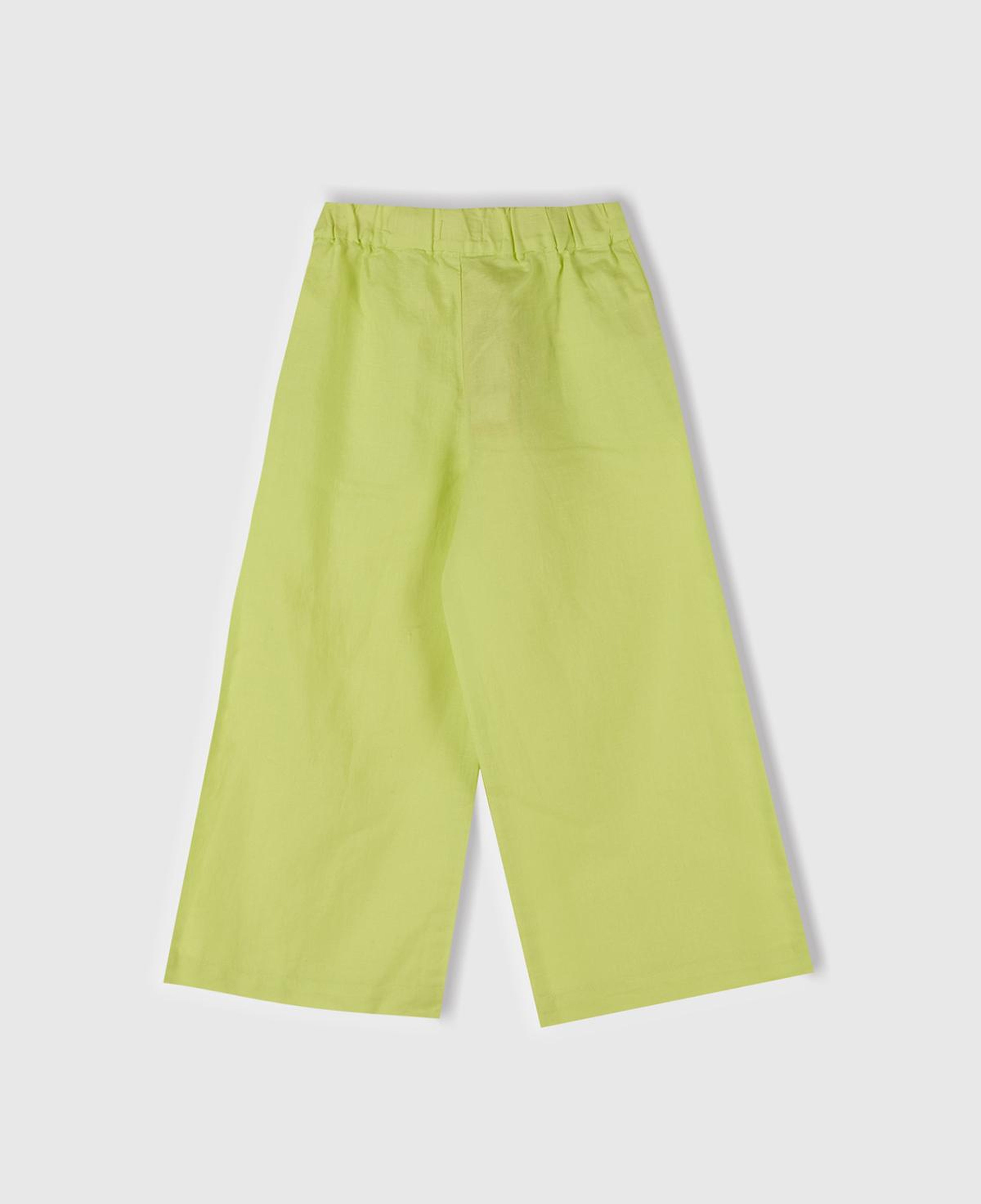 Kız Çocuk Sarı Keten Karışımlı Beli Dikişli Kuşaklı Geniş Paça Pantolon