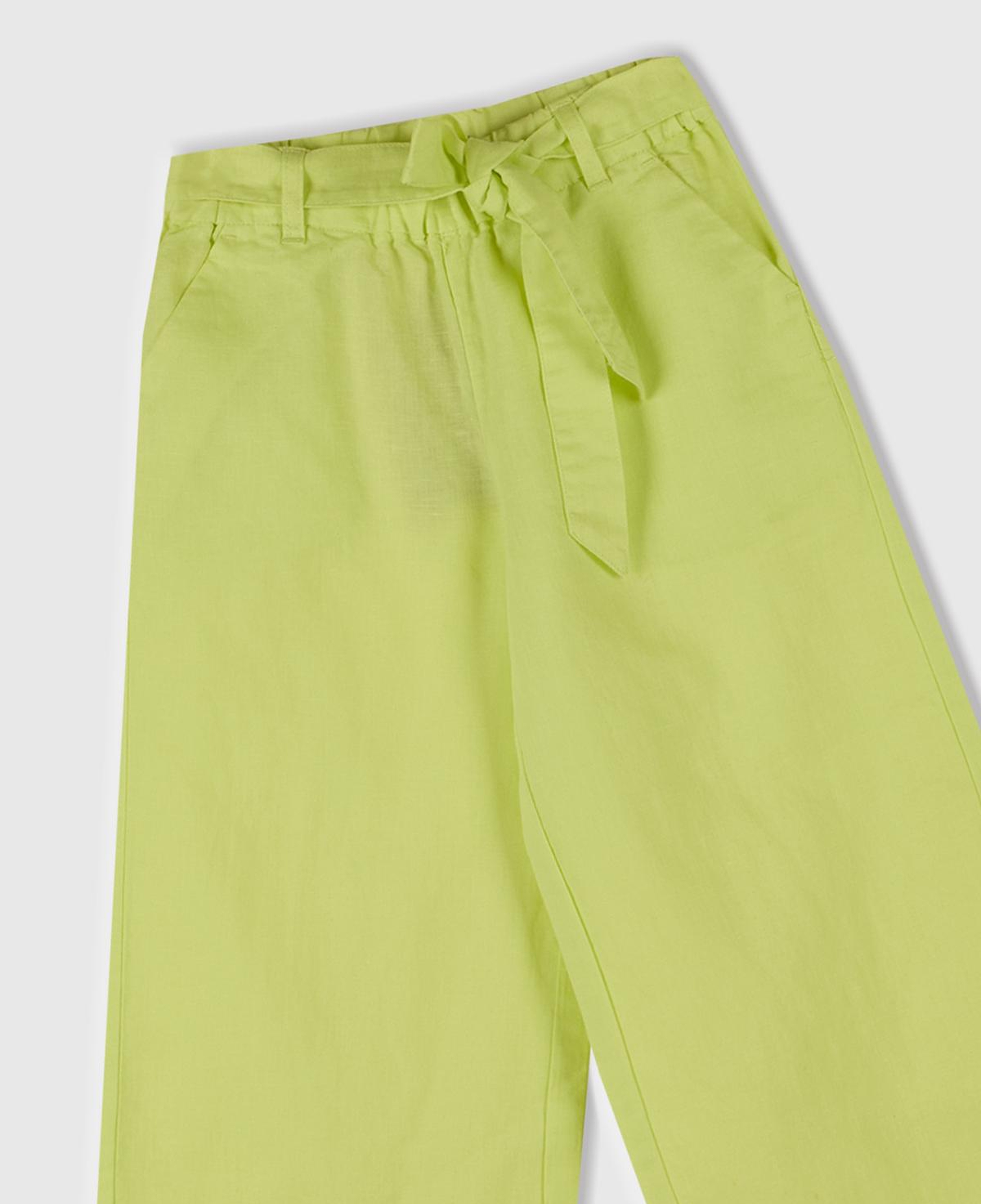 Kız Çocuk Sarı Keten Karışımlı Beli Dikişli Kuşaklı Geniş Paça Pantolon