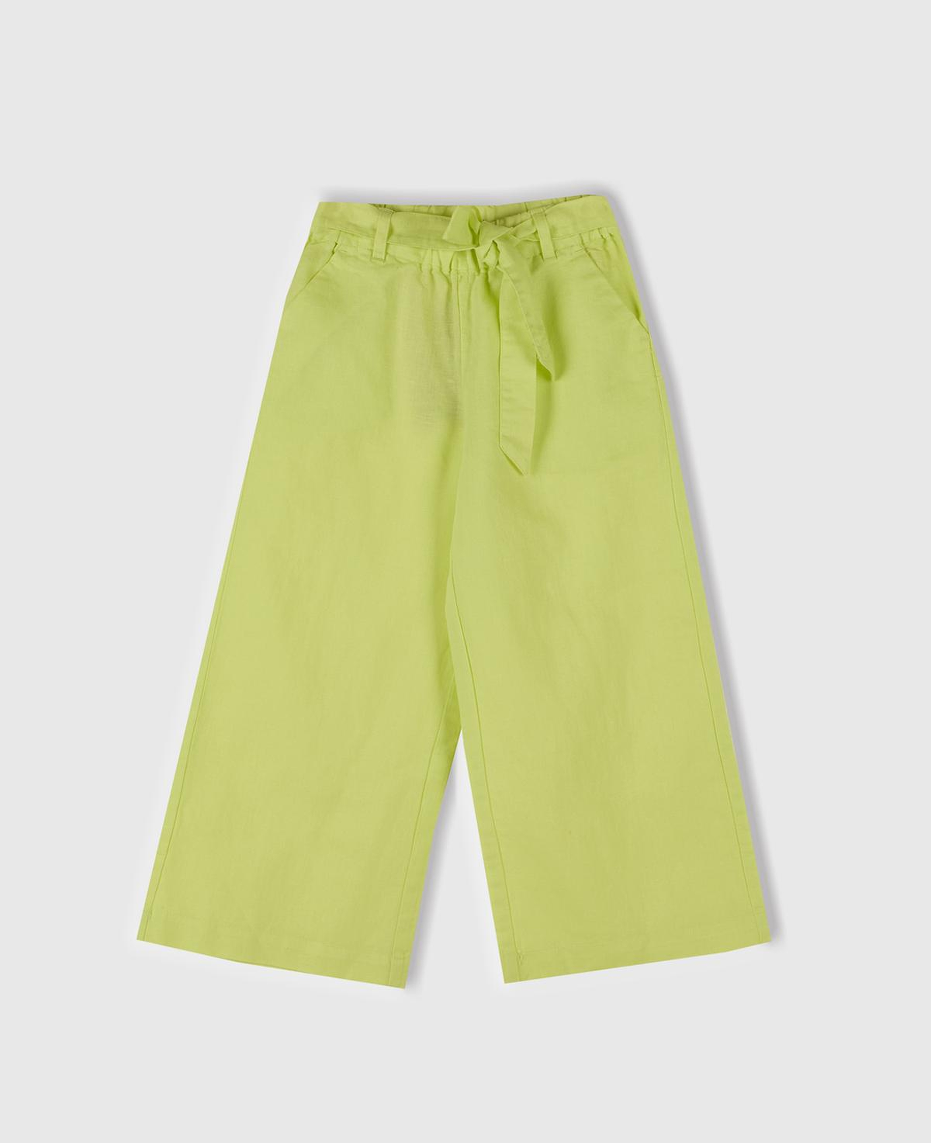 Kız Çocuk Sarı Keten Karışımlı Beli Dikişli Kuşaklı Geniş Paça Pantolon