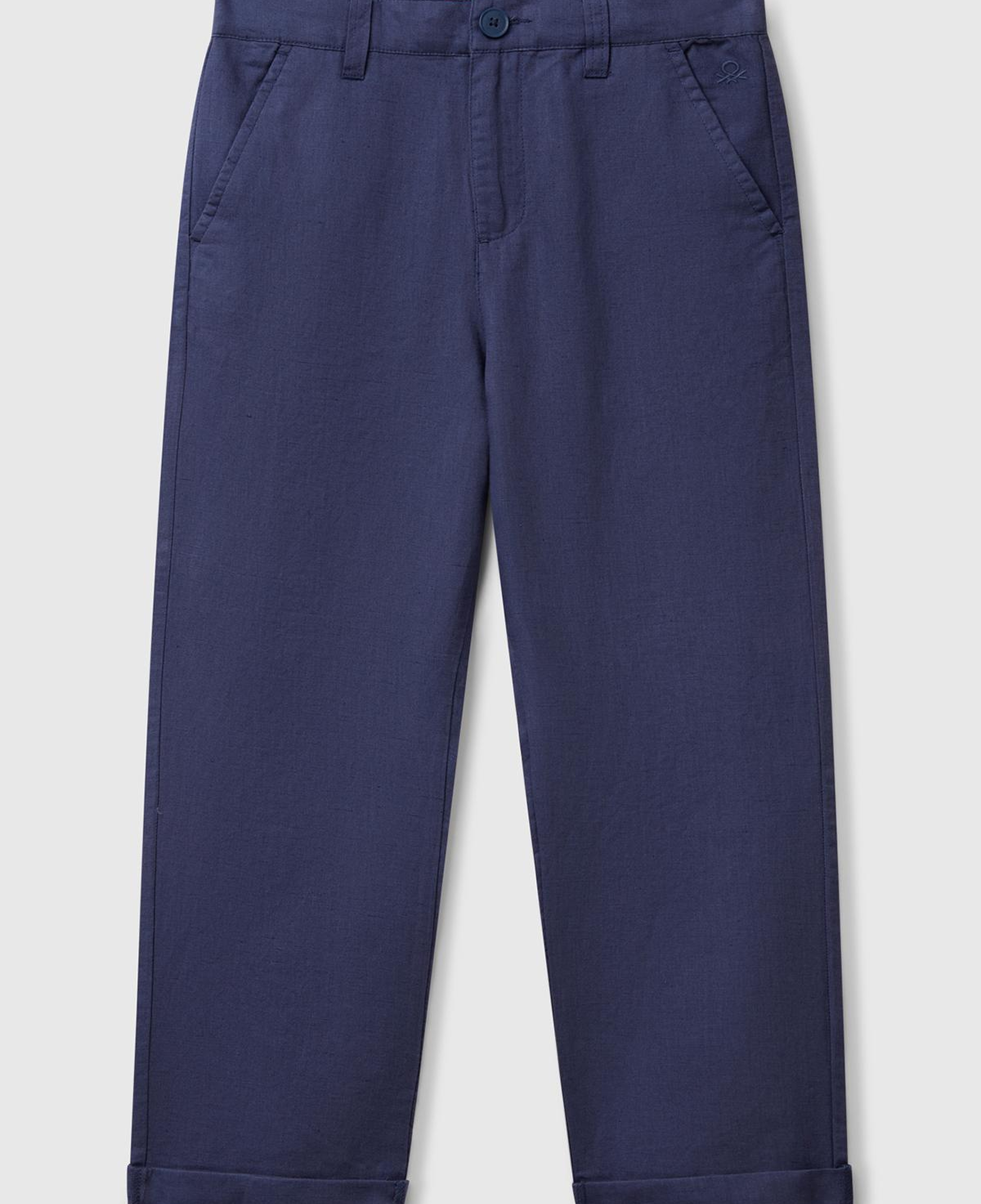 Erkek Çocuk Lacivert Keten Karışımlı Paçası Kıvrılmış Relax Fit Pantolon
