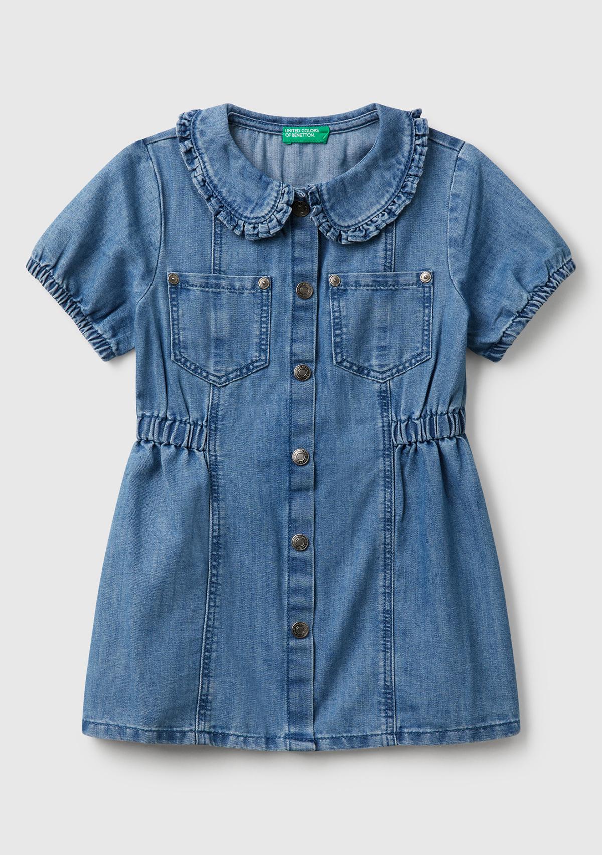 Kız Çocuk Denim Önü Çıtçıt Düğmeli Yama Cepli Kısa Kollu Denim Elbise