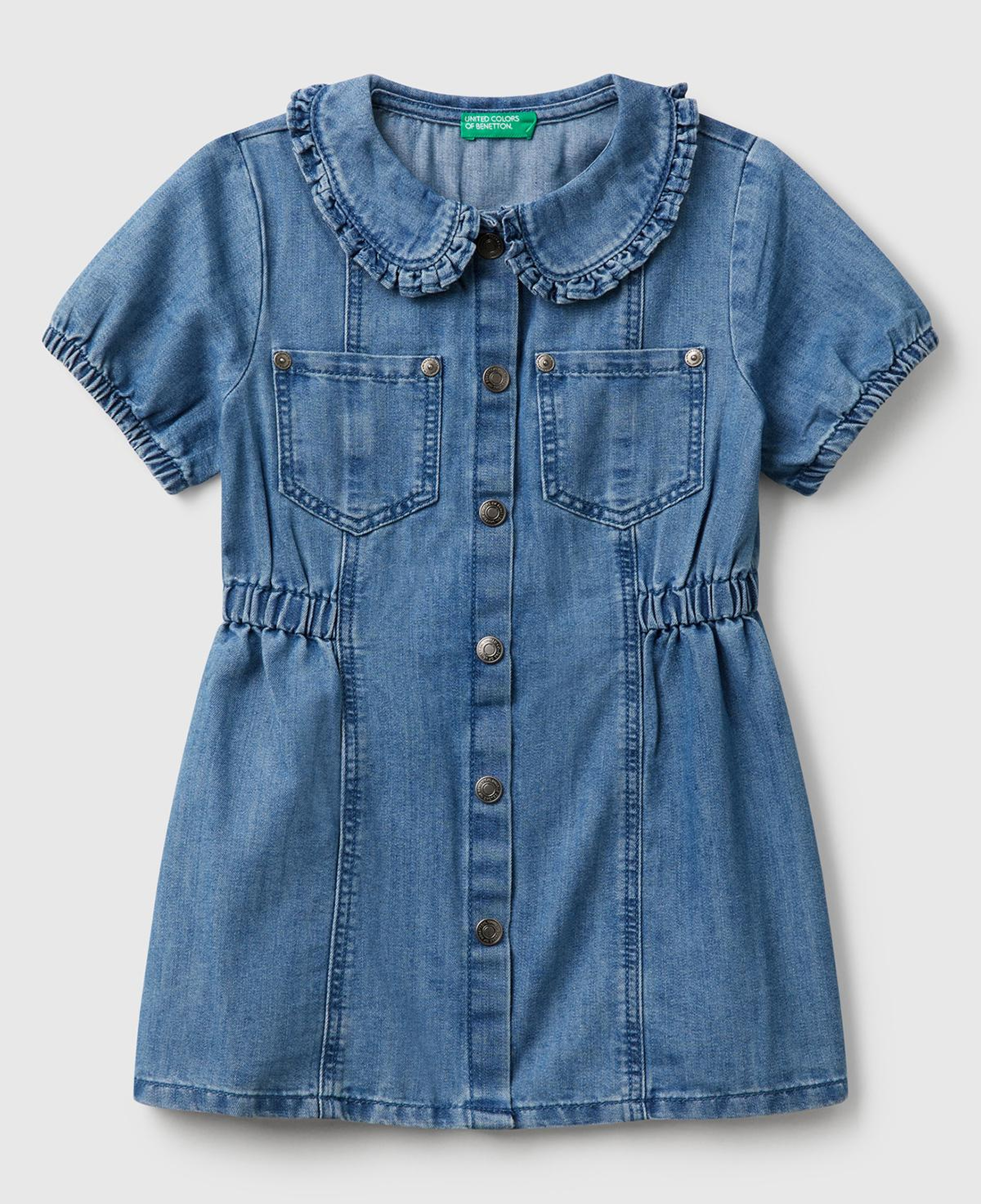 Kız Çocuk Denim Önü Çıtçıt Düğmeli Yama Cepli Kısa Kollu Denim Elbise