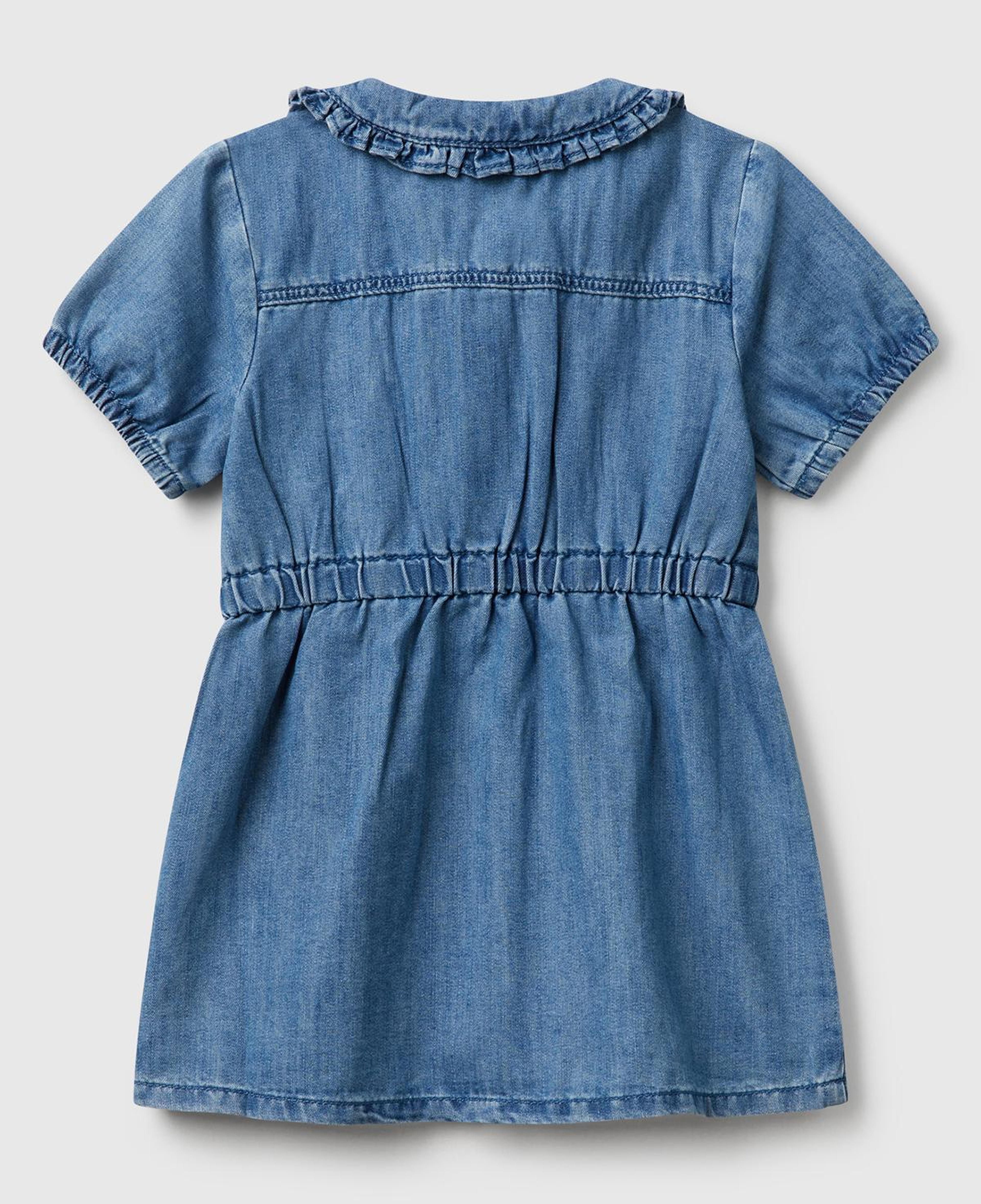 Kız Çocuk Denim Önü Çıtçıt Düğmeli Yama Cepli Kısa Kollu Denim Elbise