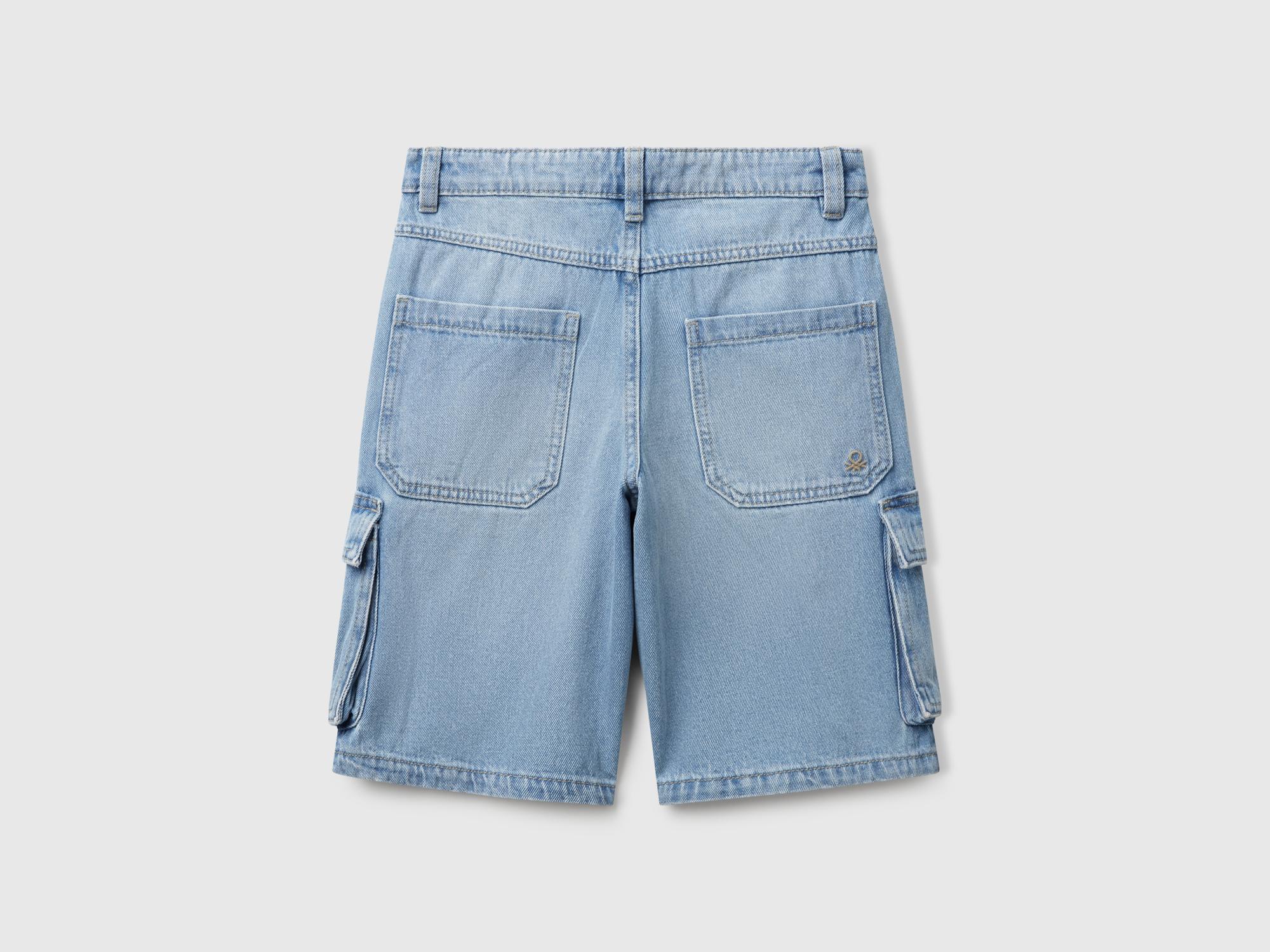 Erkek Çocuk Açık Denim Logo İşlemeli Büyük Yan Cep Detaylı Denim Bermuda Şort