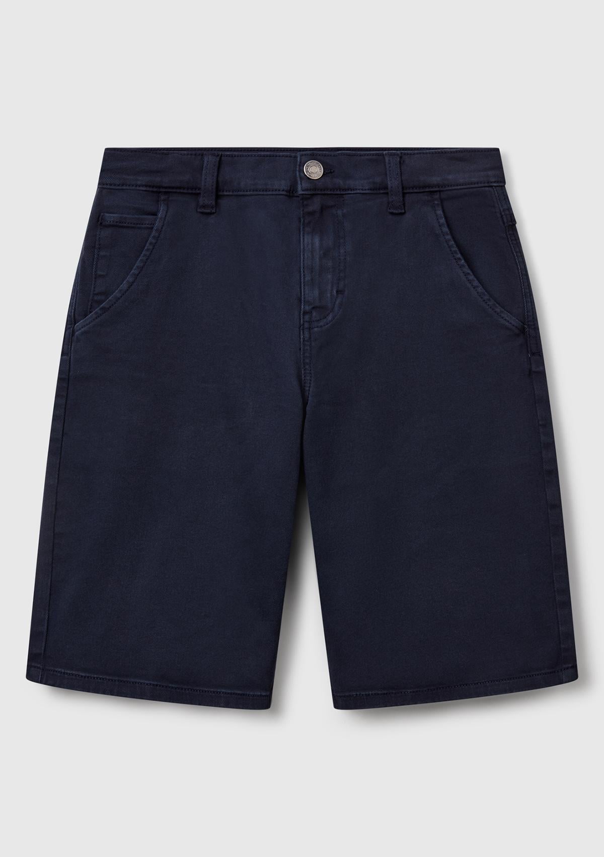 Erkek Çocuk Lacivert Logo İşlemeli Denim Görünümlü Streç Bermuda Şort