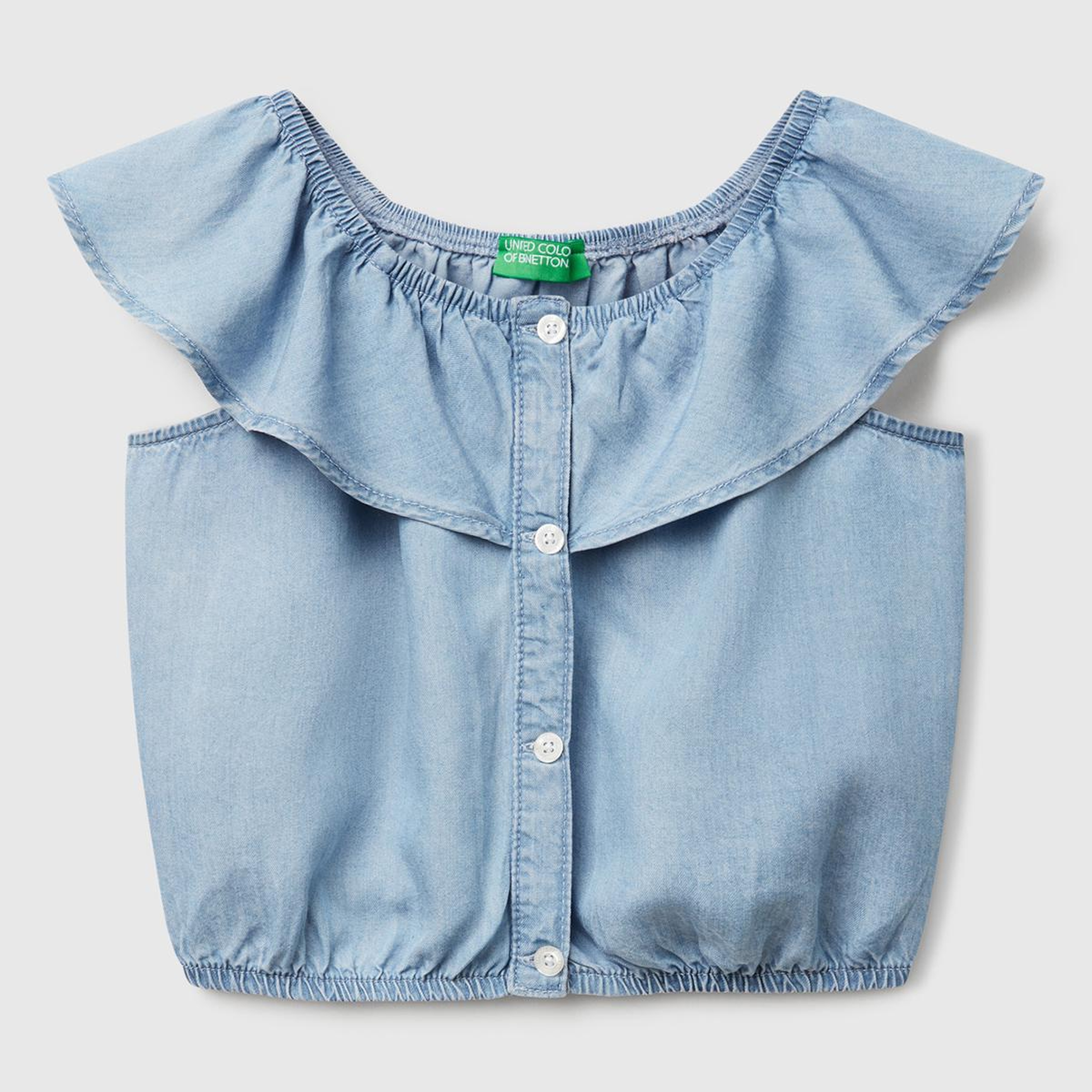 Kız Çocuk Denim %100 Liyosel Yakası Fırfırlı Lastikli Kolsuz Crop Gömlek