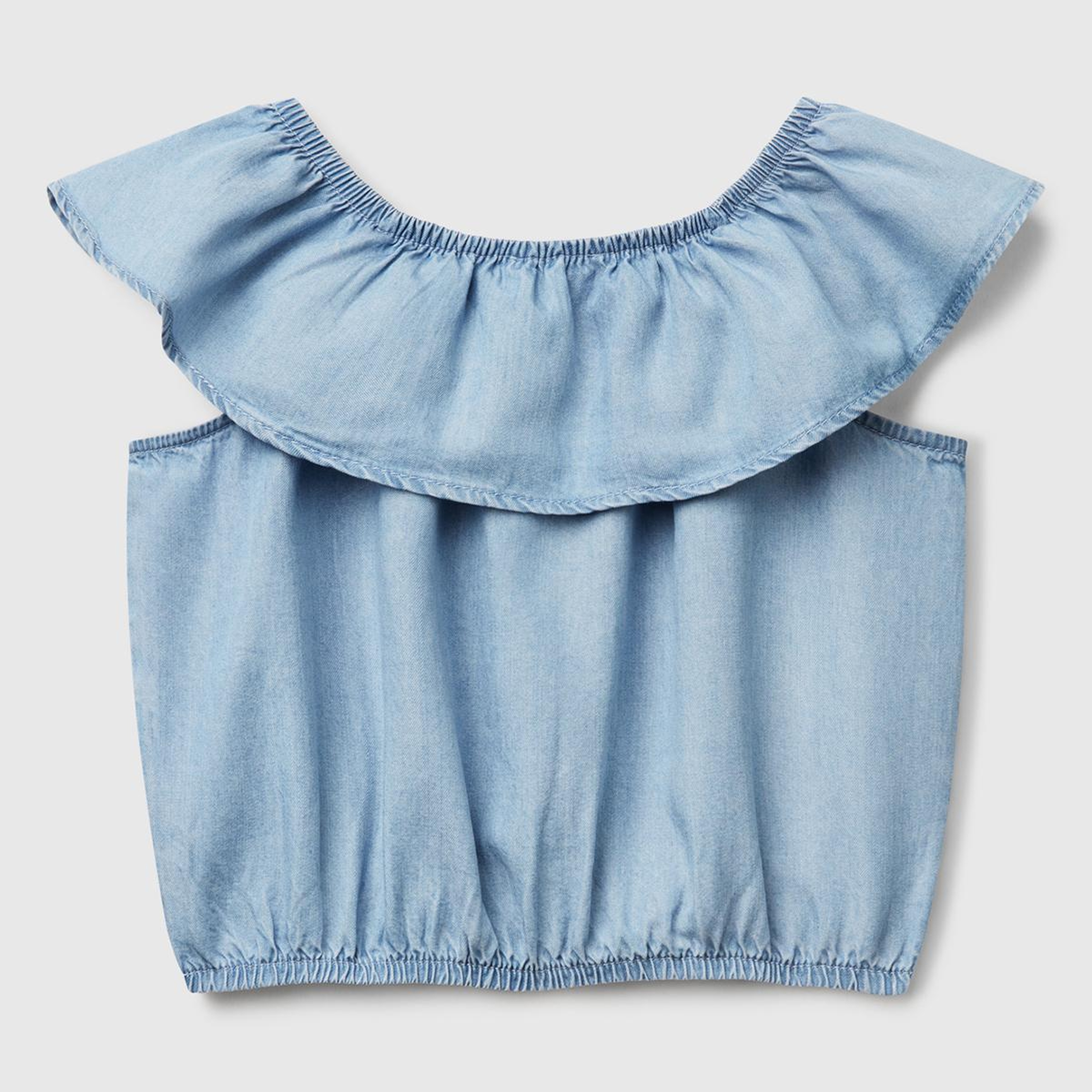 Kız Çocuk Denim %100 Liyosel Yakası Fırfırlı Lastikli Kolsuz Crop Gömlek