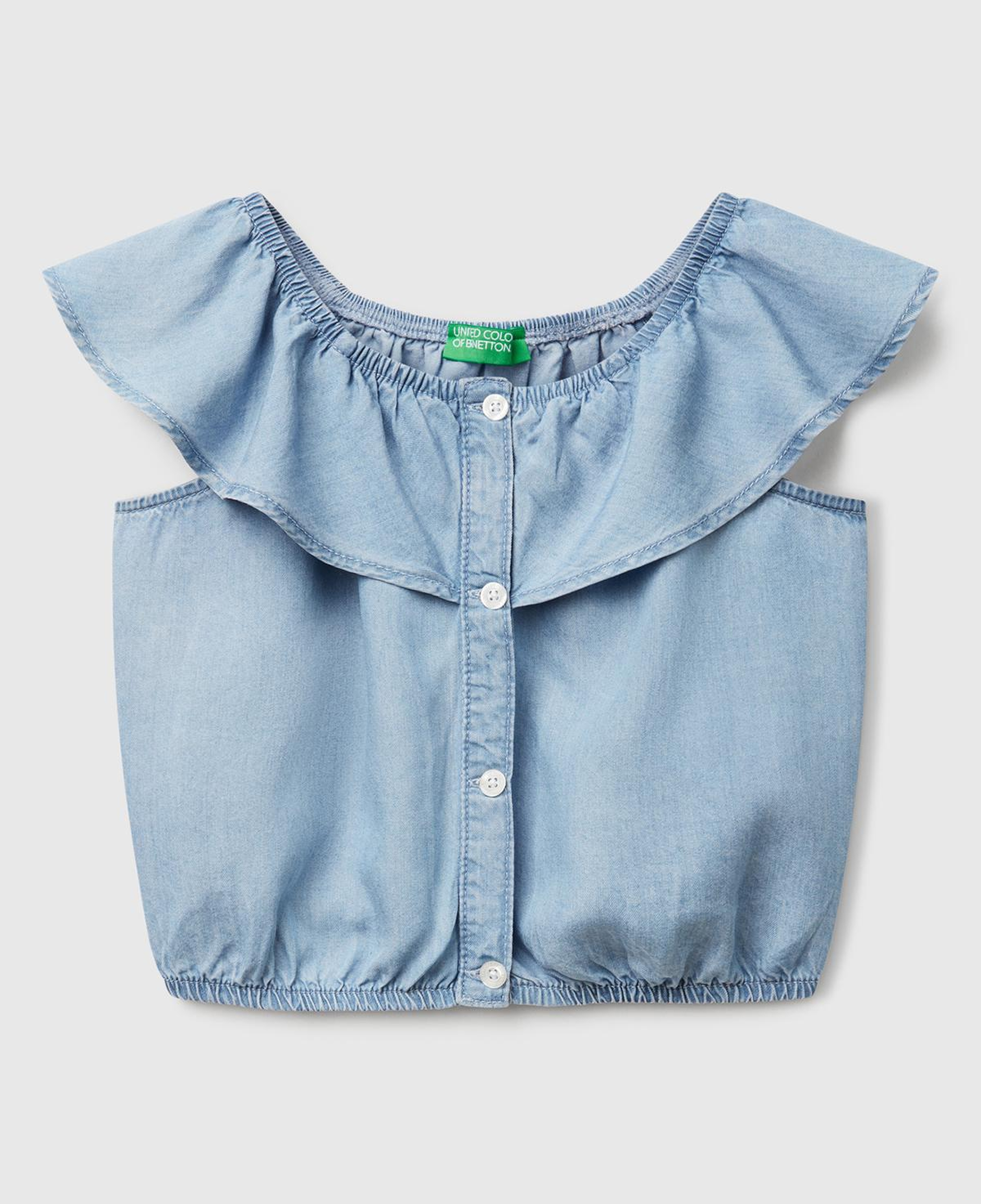 Kız Çocuk Denim %100 Liyosel Yakası Fırfırlı Lastikli Kolsuz Crop Gömlek