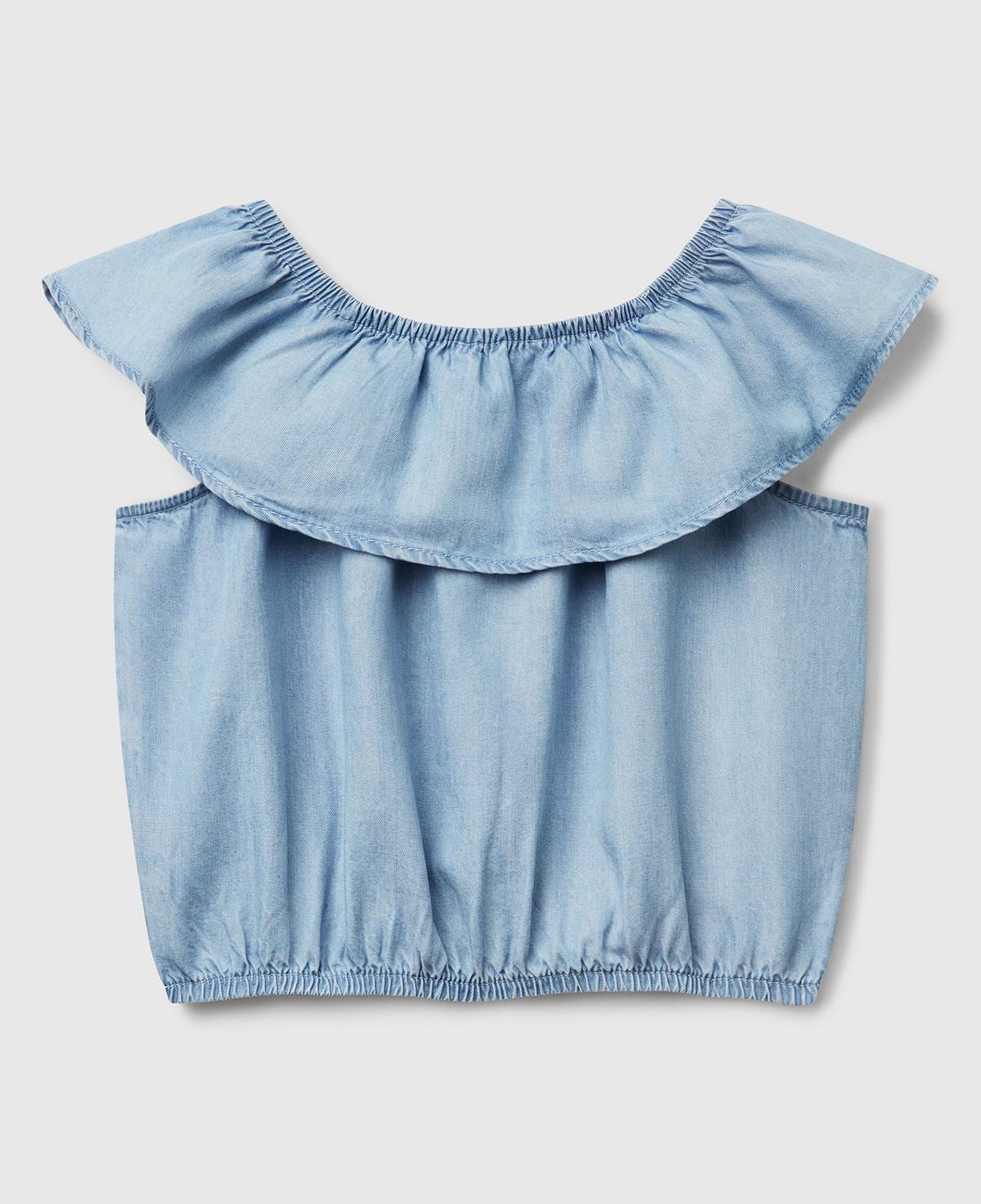Kız Çocuk Denim %100 Liyosel Yakası Fırfırlı Lastikli Kolsuz Crop Gömlek