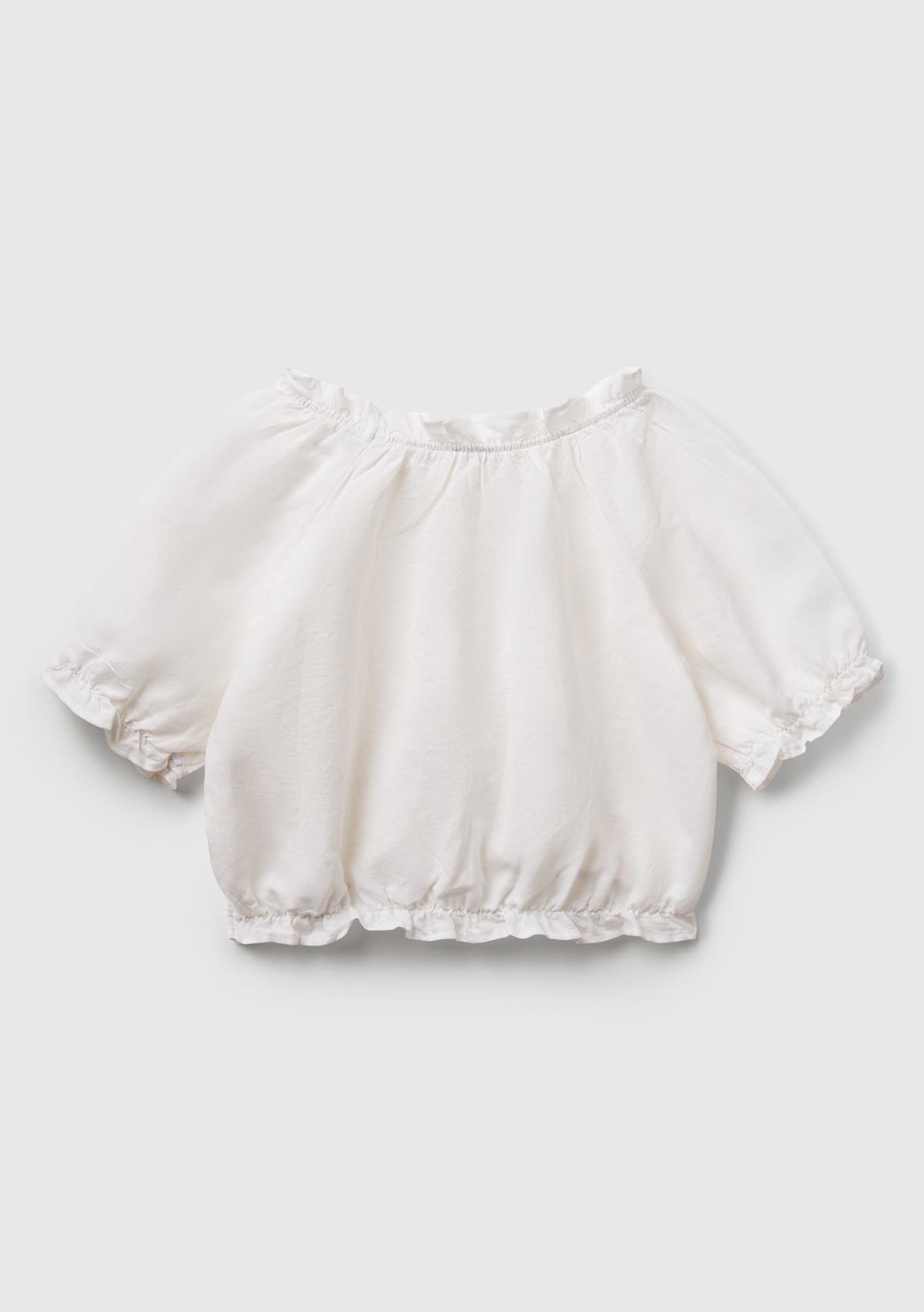 Kız Çocuk Beyaz Keten Karışımlı Büzgü Dikişli Kısa Kollu Bluz