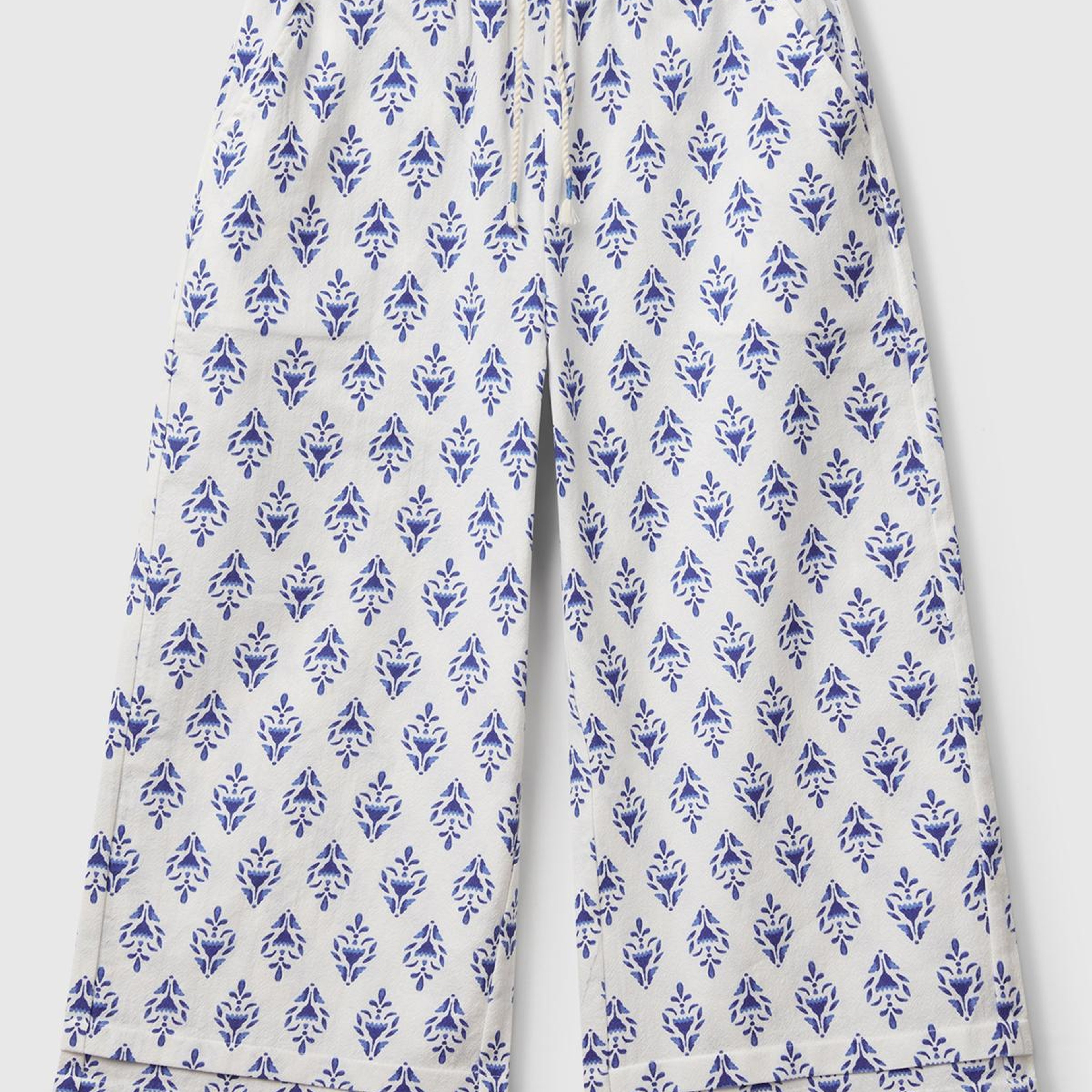 Kız Çocuk Mavi Desenli Büzgü İpli Wide Leg Pantolon
