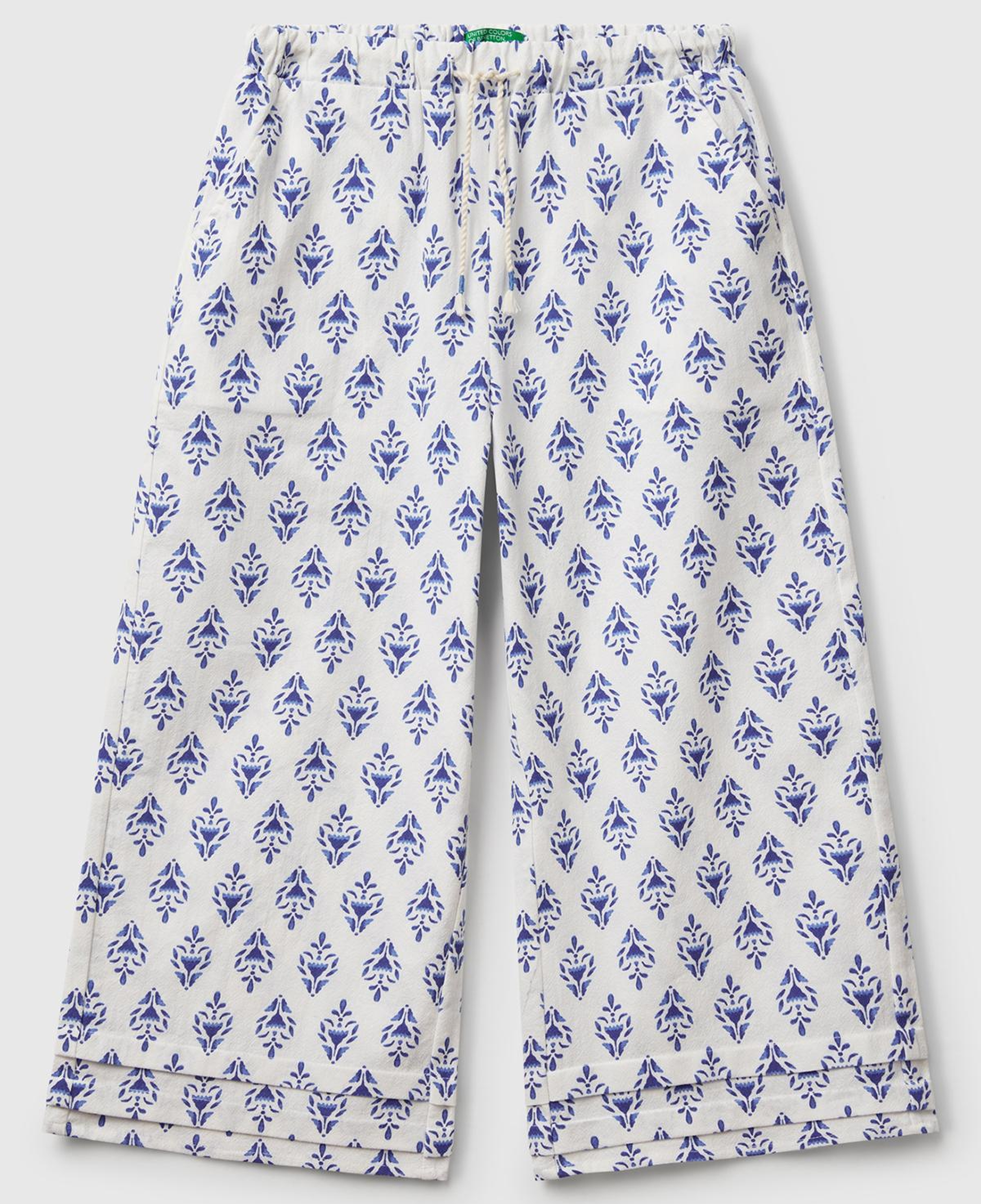 Kız Çocuk Mavi Desenli Büzgü İpli Wide Leg Pantolon