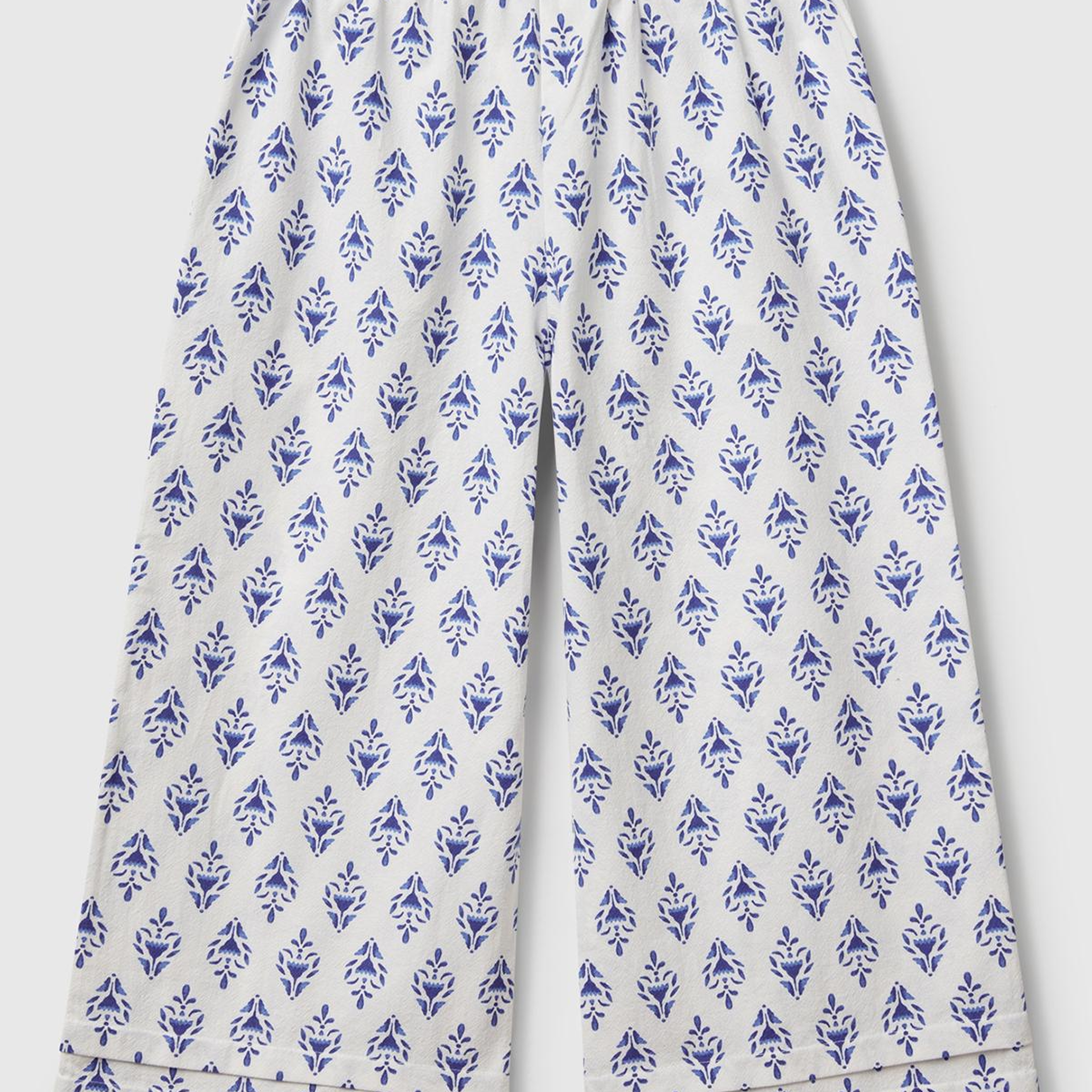 Kız Çocuk Mavi Desenli Büzgü İpli Wide Leg Pantolon