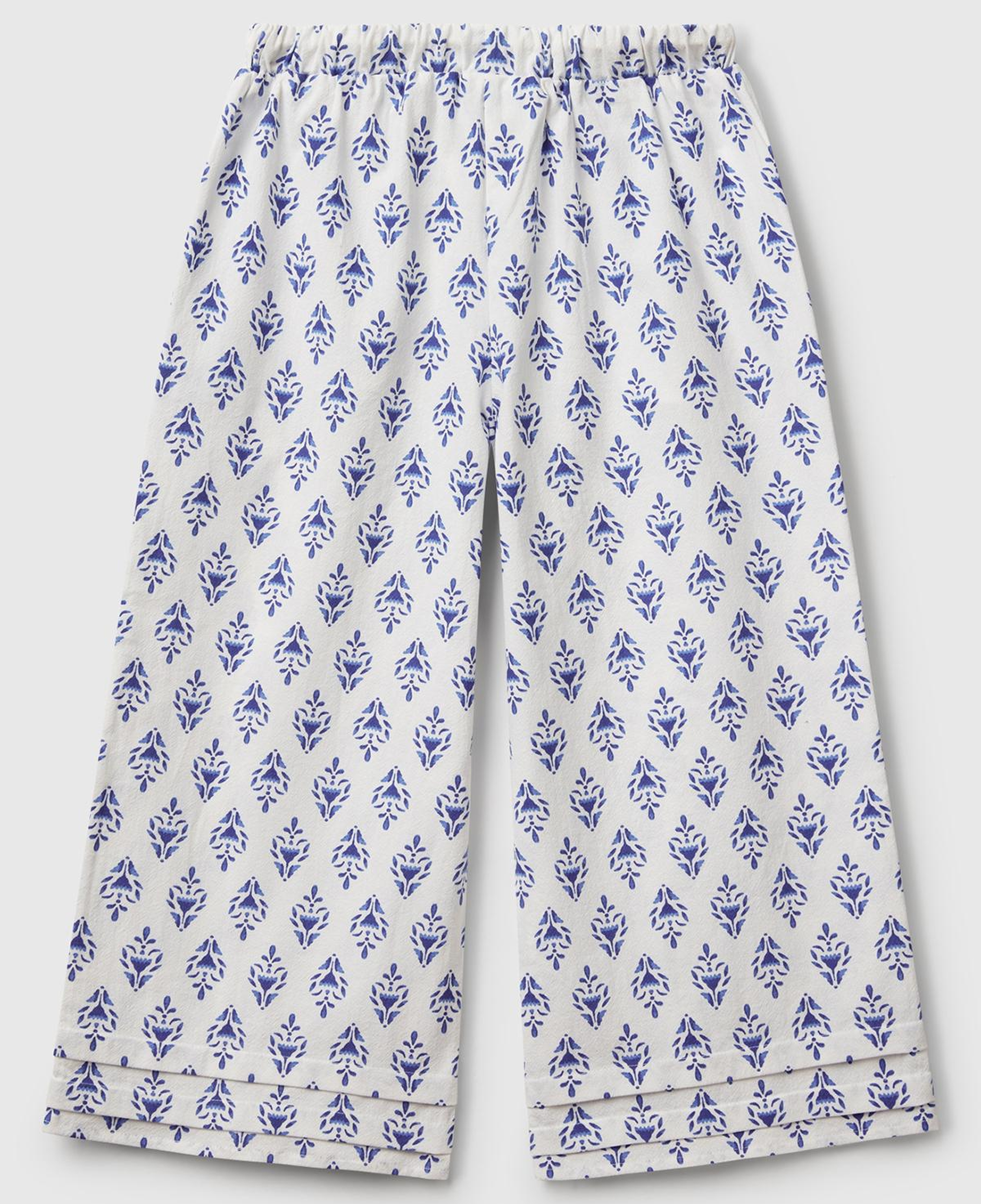 Kız Çocuk Mavi Desenli Büzgü İpli Wide Leg Pantolon