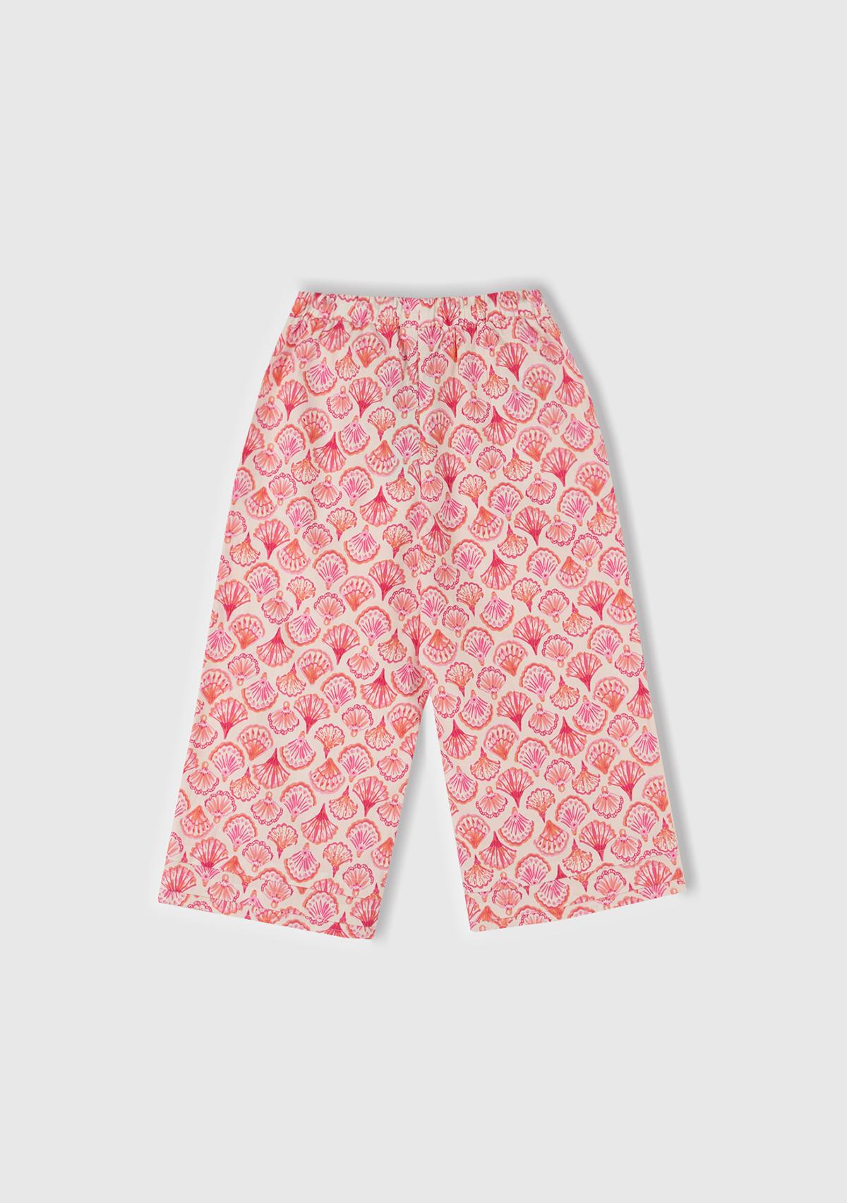 Kız Çocuk Pembe Desenli Büzgü İpli Wide Leg Pantolon