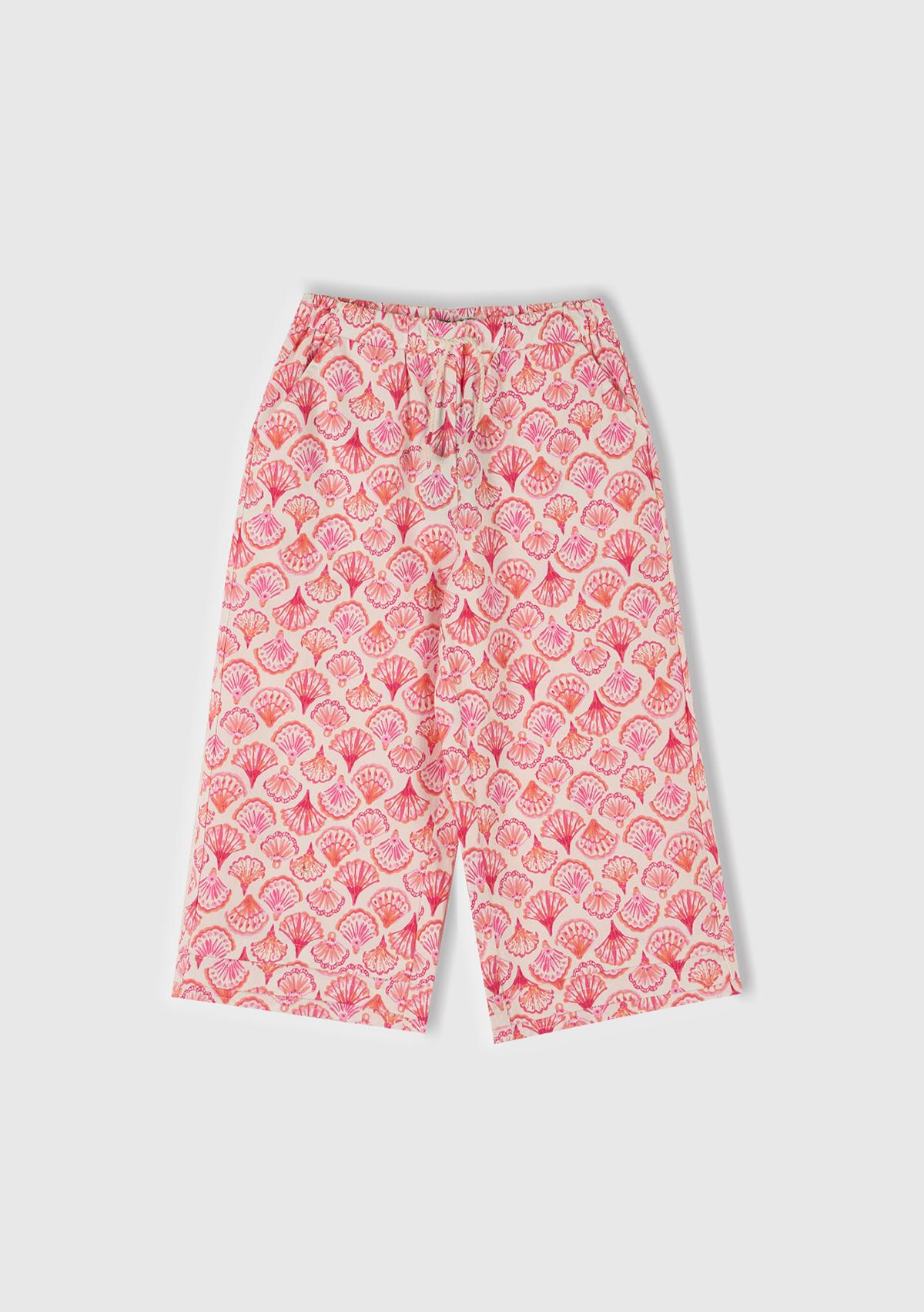 Kız Çocuk Pembe Desenli Büzgü İpli Wide Leg Pantolon