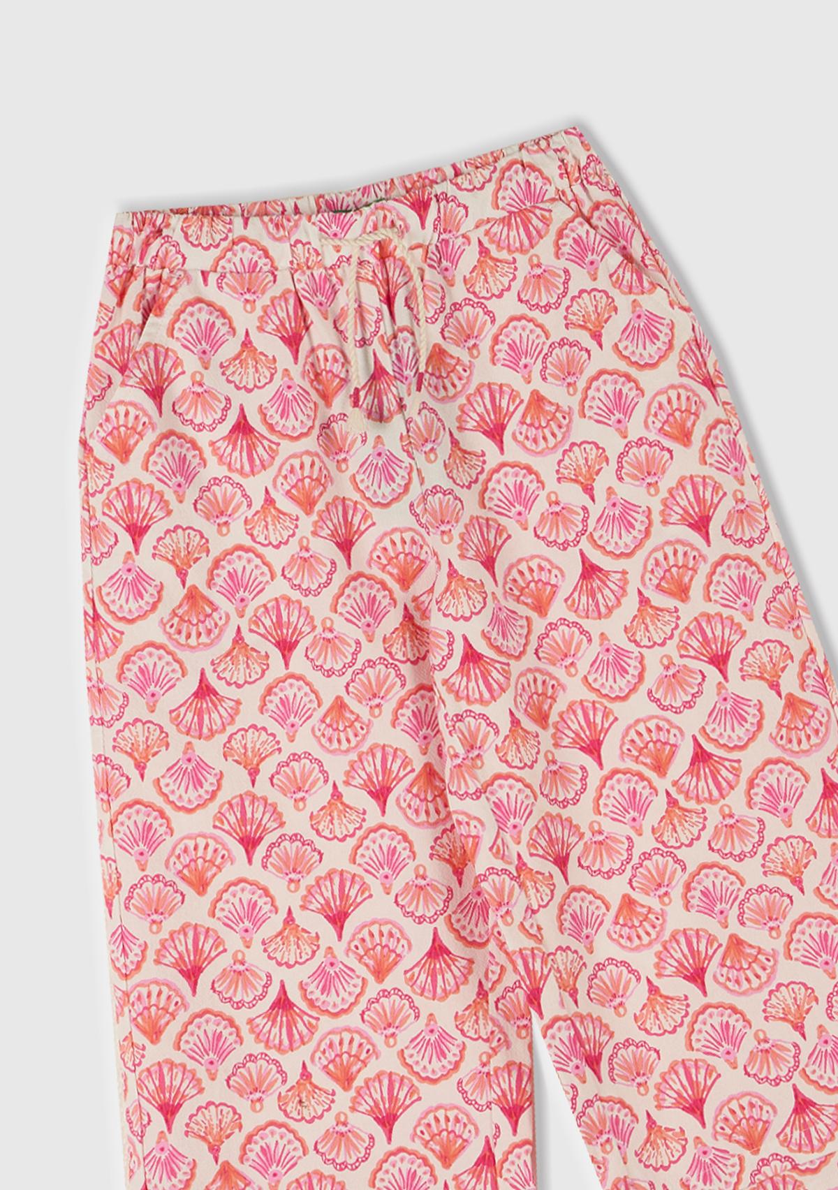 Kız Çocuk Pembe Desenli Büzgü İpli Wide Leg Pantolon