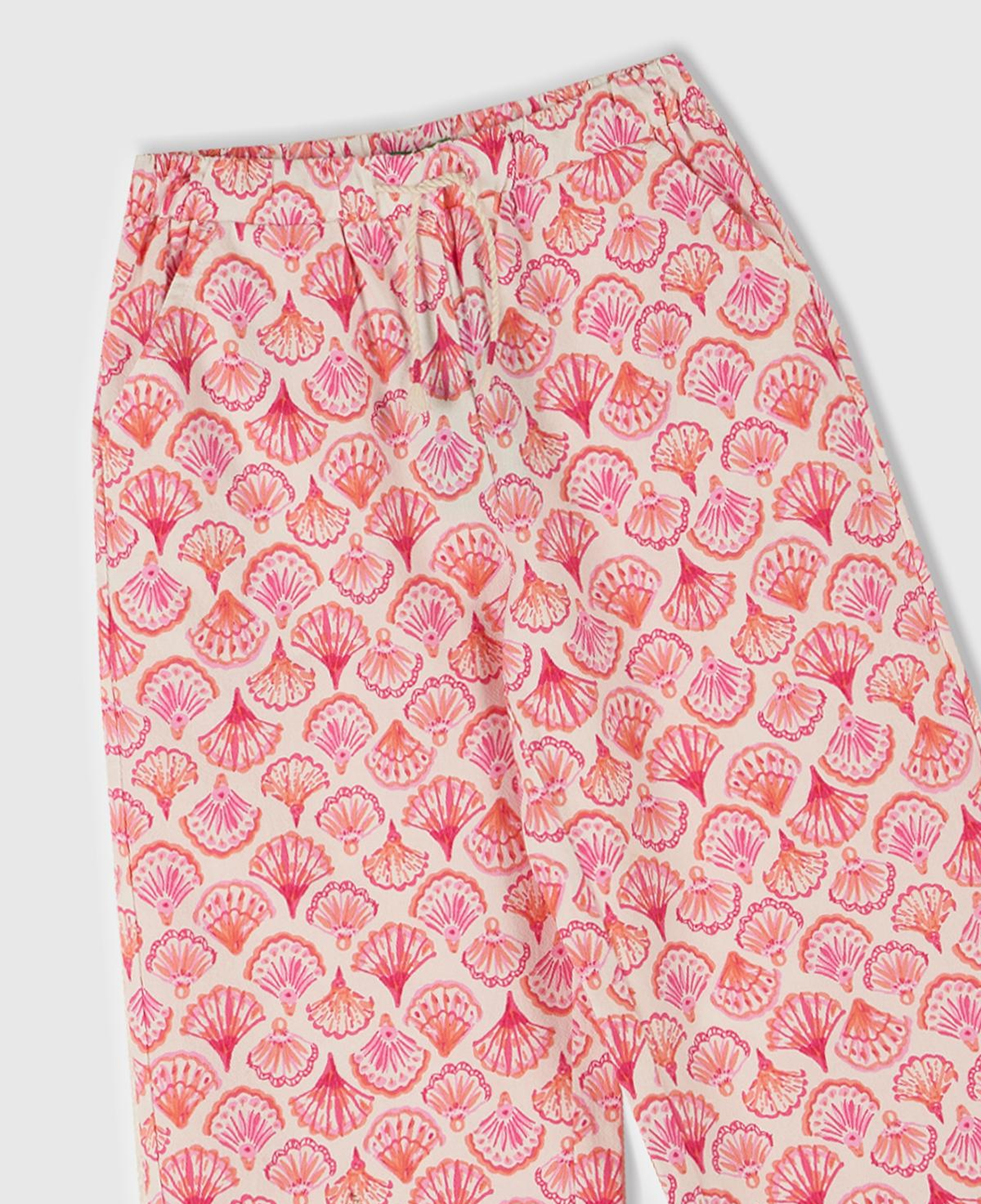 Kız Çocuk Pembe Desenli Büzgü İpli Wide Leg Pantolon
