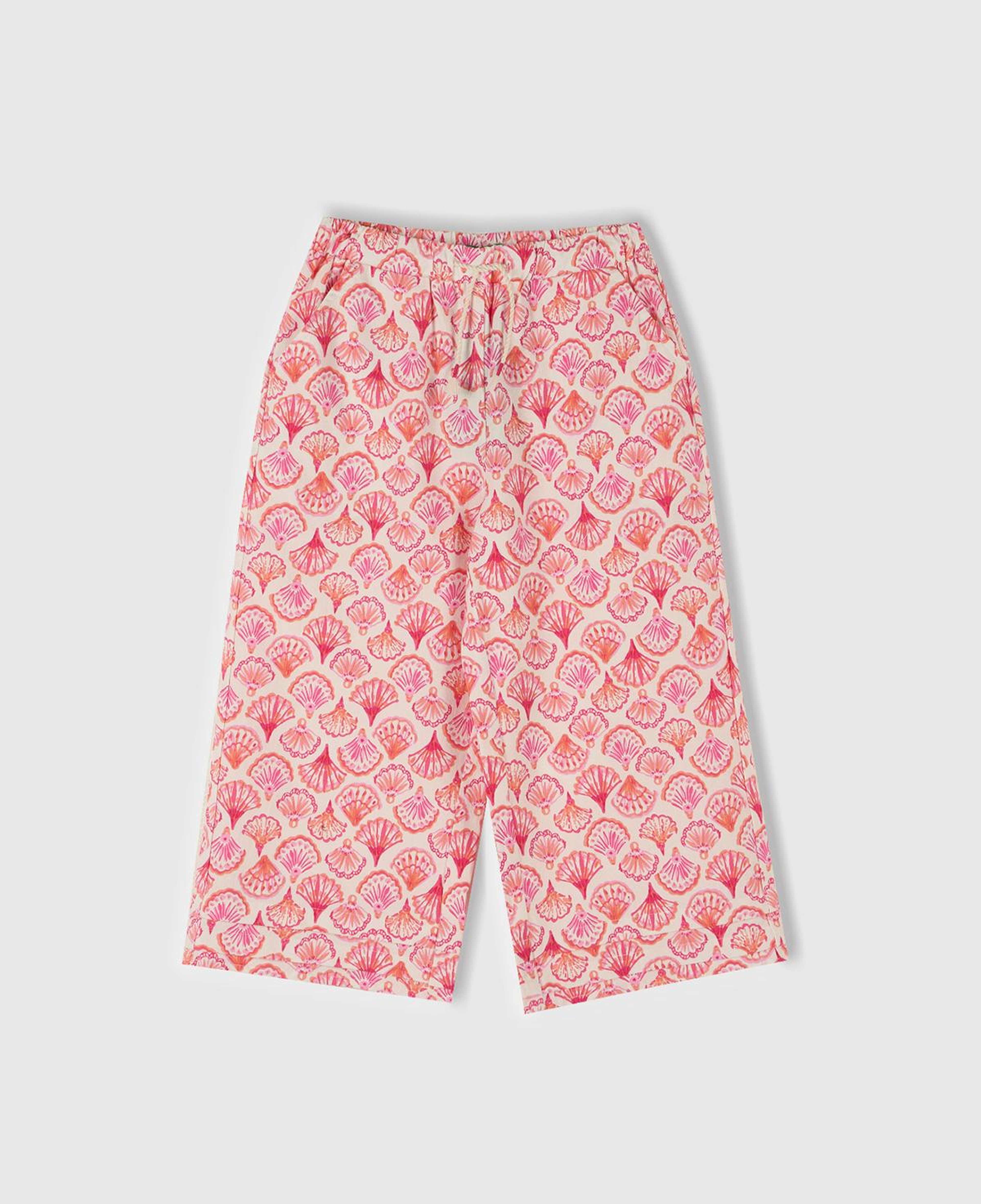 Kız Çocuk Pembe Desenli Büzgü İpli Wide Leg Pantolon