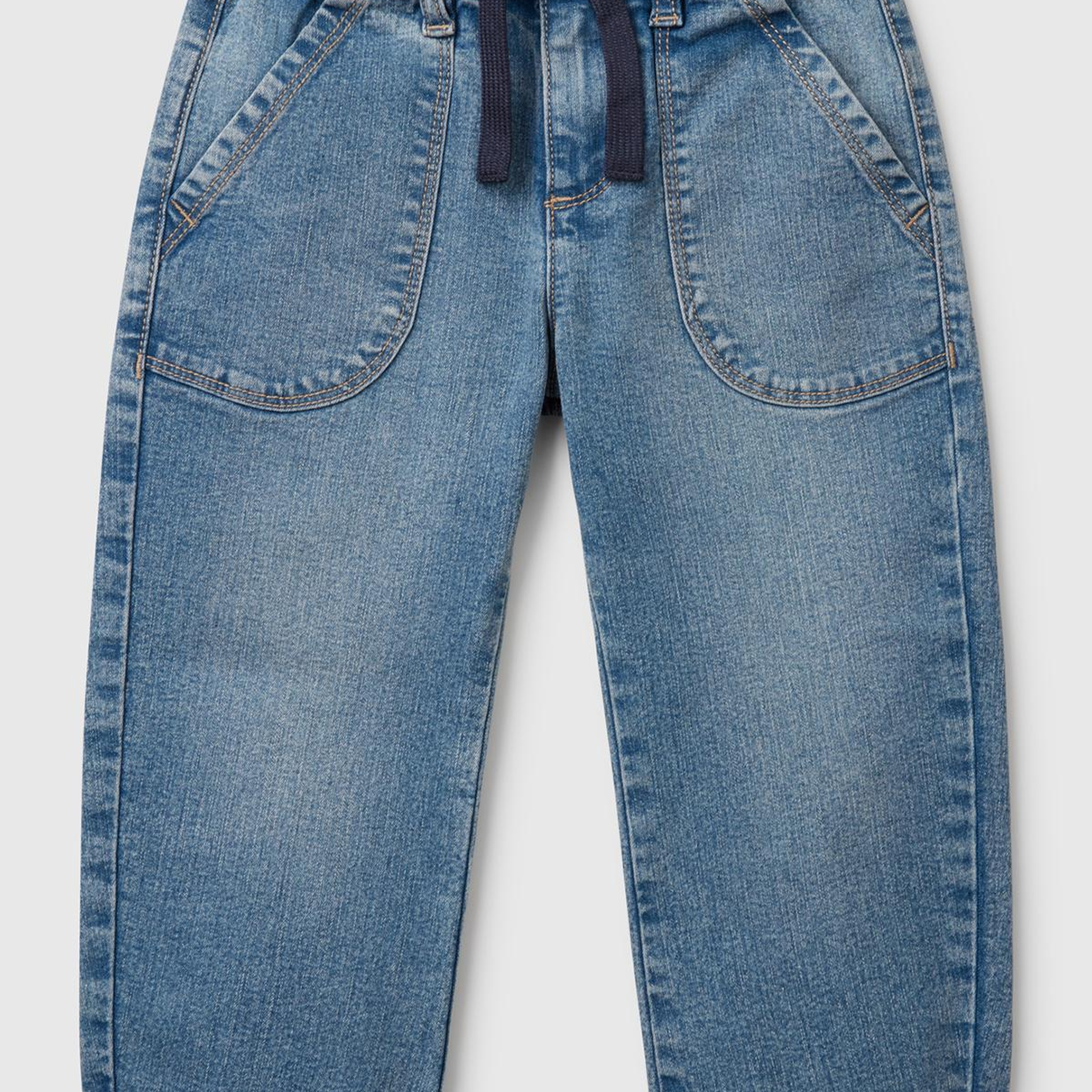 Erkek Çocuk Açık Denim Beli Büzgü İpli Yama Cepli Denim Havuç Pantolon
