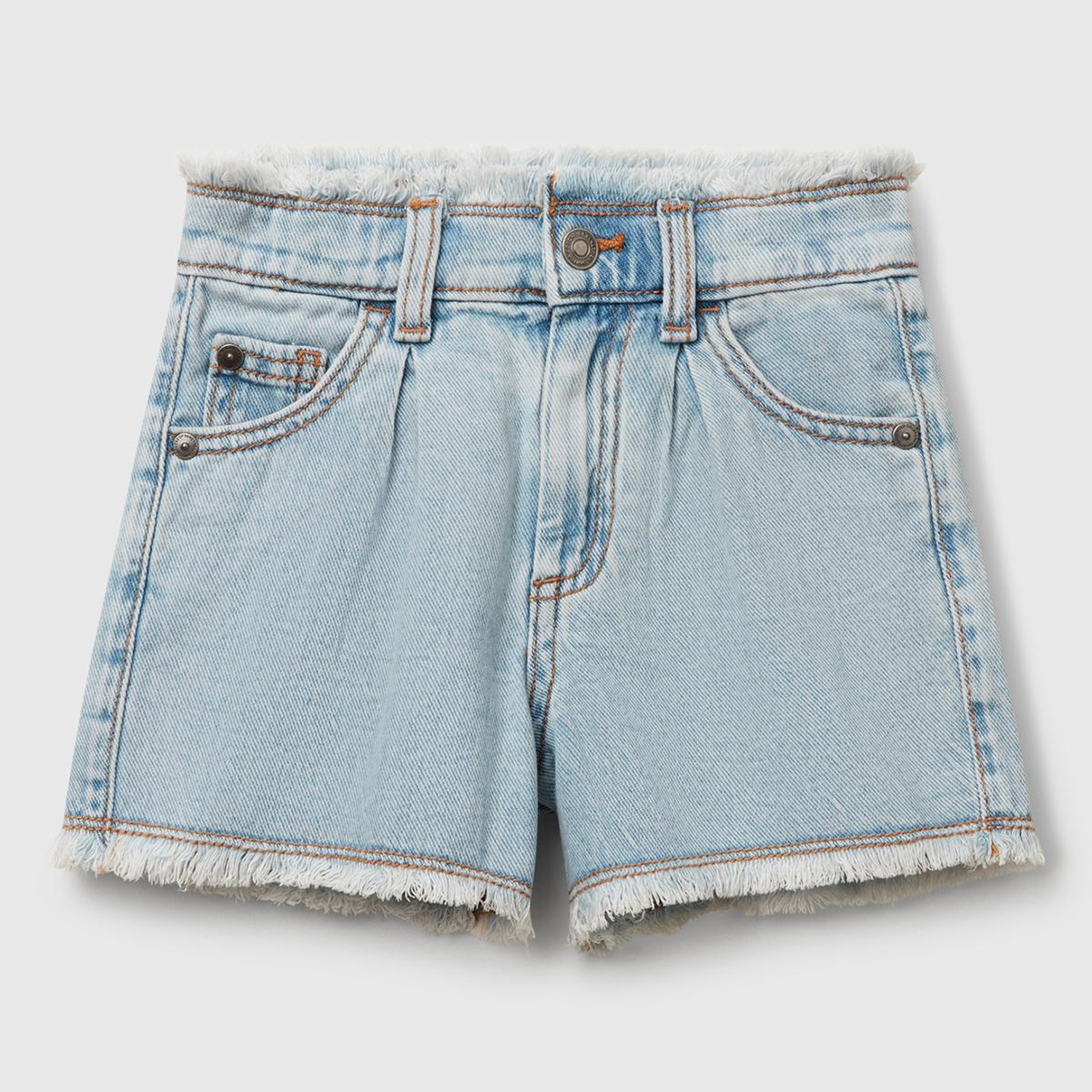 Kız Çocuk Açık Denim Arka Cebi Logo Etiketli Beli Lastikli Denim Şort