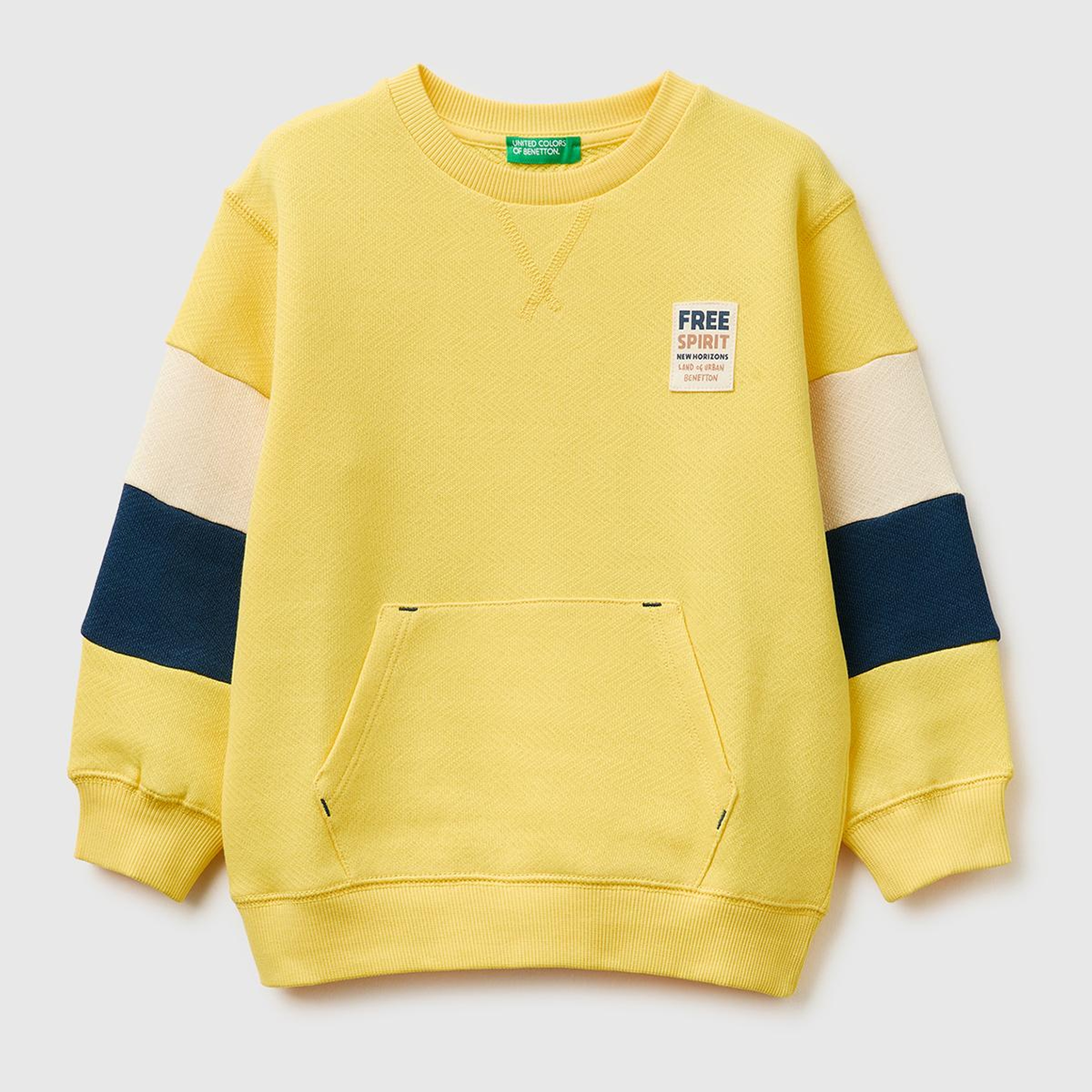 Erkek Çocuk Sarı Kol Detaylı Renk Bloklu Logo Etiketli Bisiklet Yaka Sweatshirt