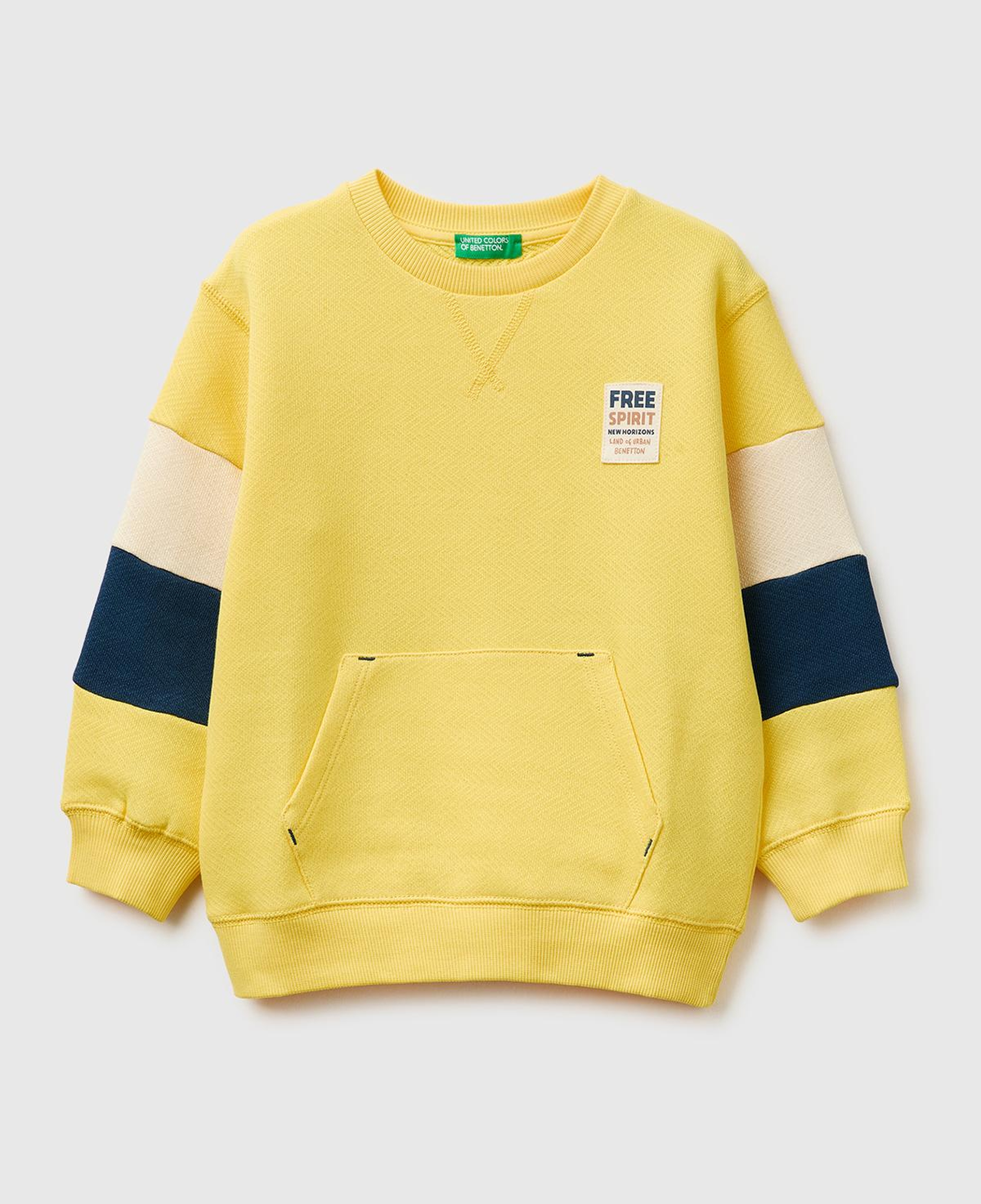 Erkek Çocuk Sarı Kol Detaylı Renk Bloklu Logo Etiketli Bisiklet Yaka Sweatshirt