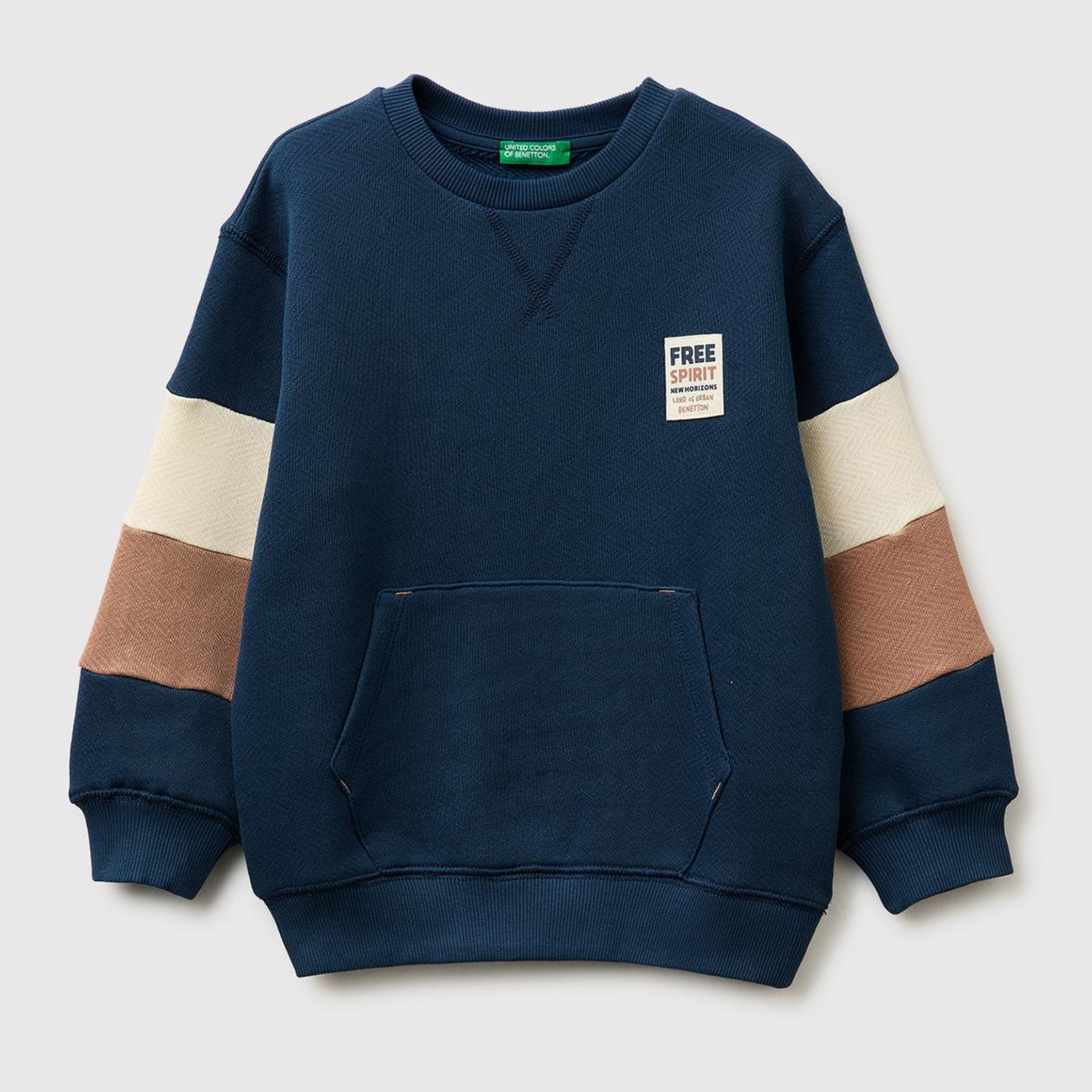 Erkek Çocuk Koyu Lacivert Kol Detaylı Renk Bloklu Logo Etiketli Bisiklet Yaka Sweatshirt