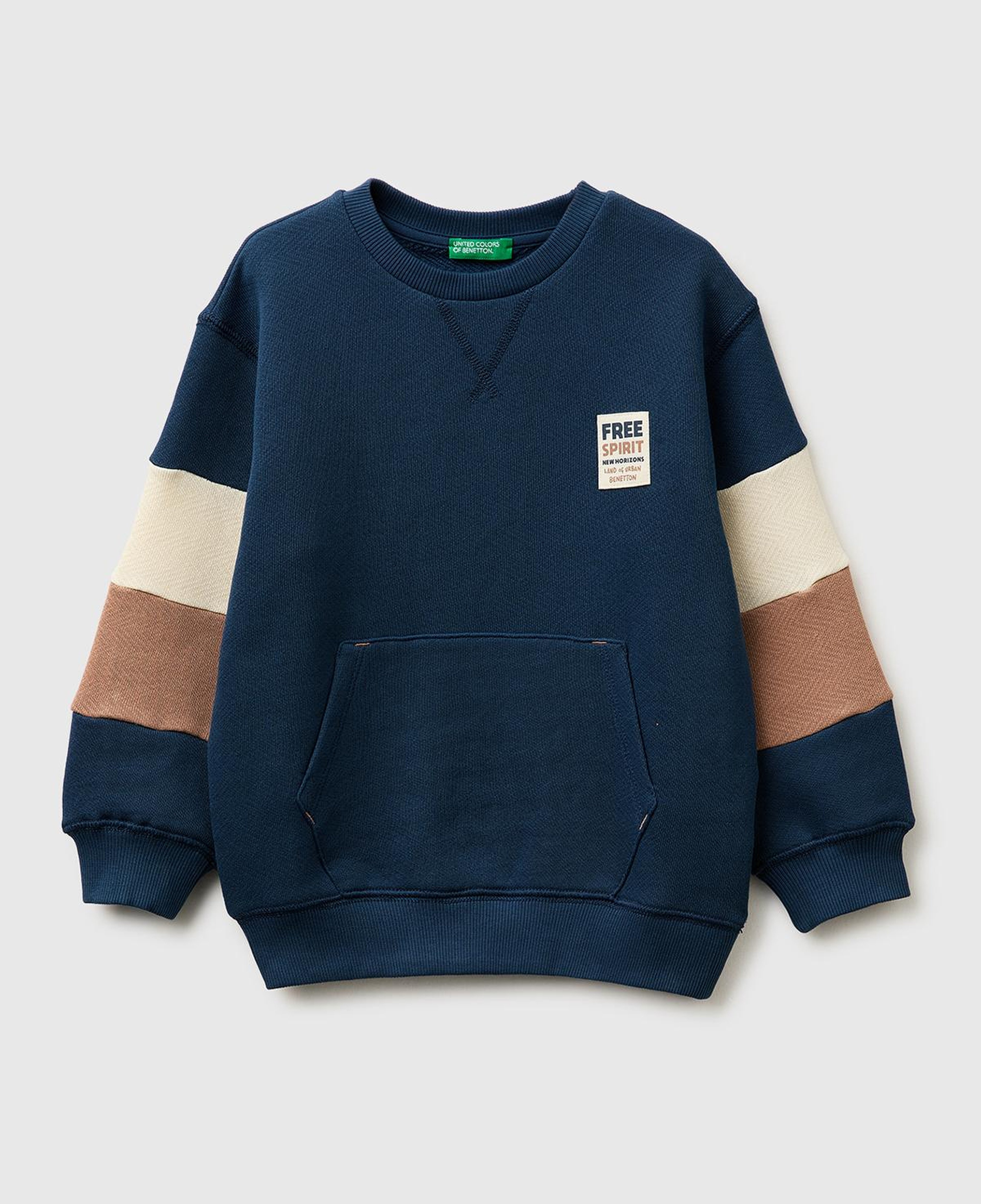 Erkek Çocuk Koyu Lacivert Kol Detaylı Renk Bloklu Logo Etiketli Bisiklet Yaka Sweatshirt