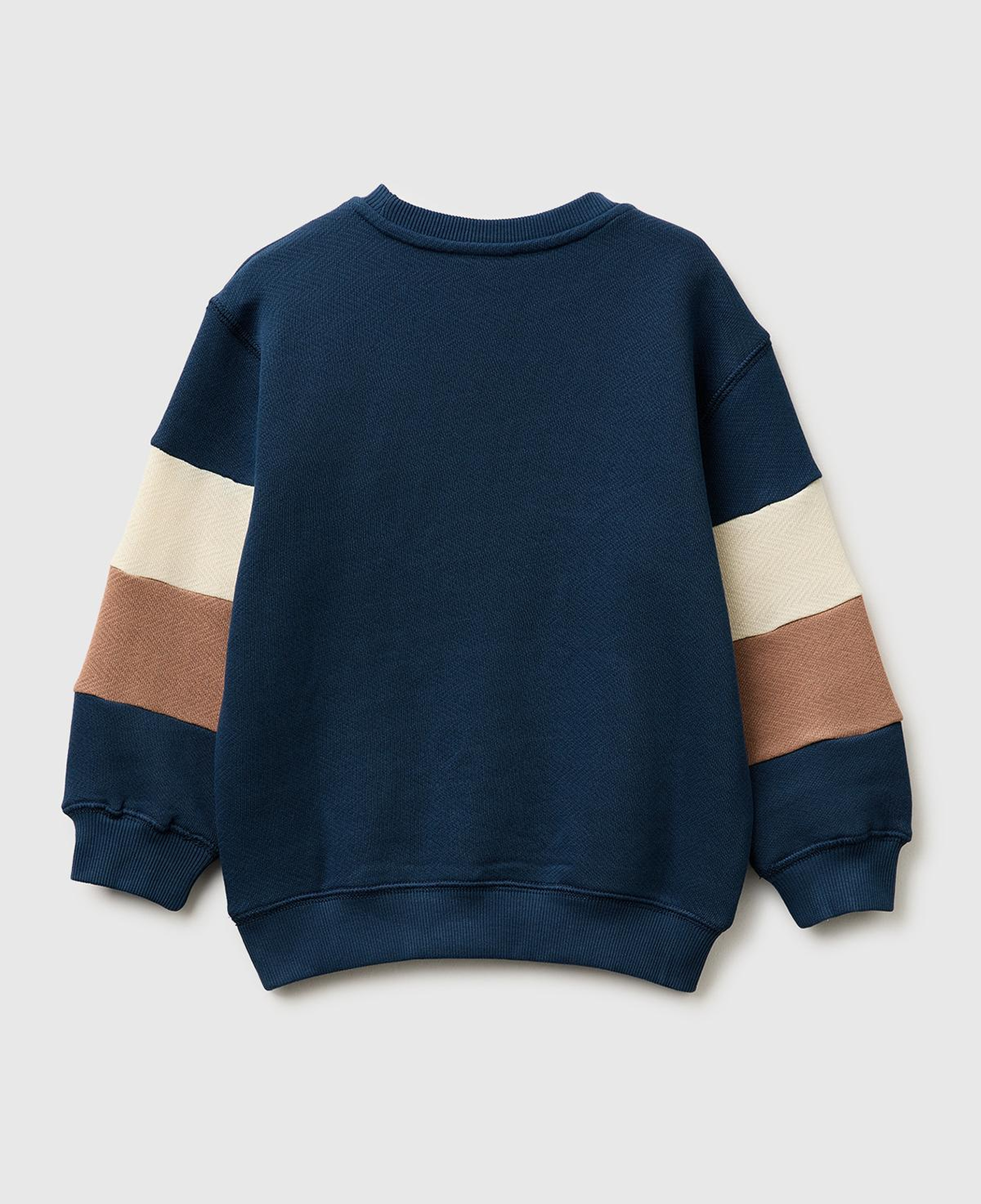 Erkek Çocuk Koyu Lacivert Kol Detaylı Renk Bloklu Logo Etiketli Bisiklet Yaka Sweatshirt
