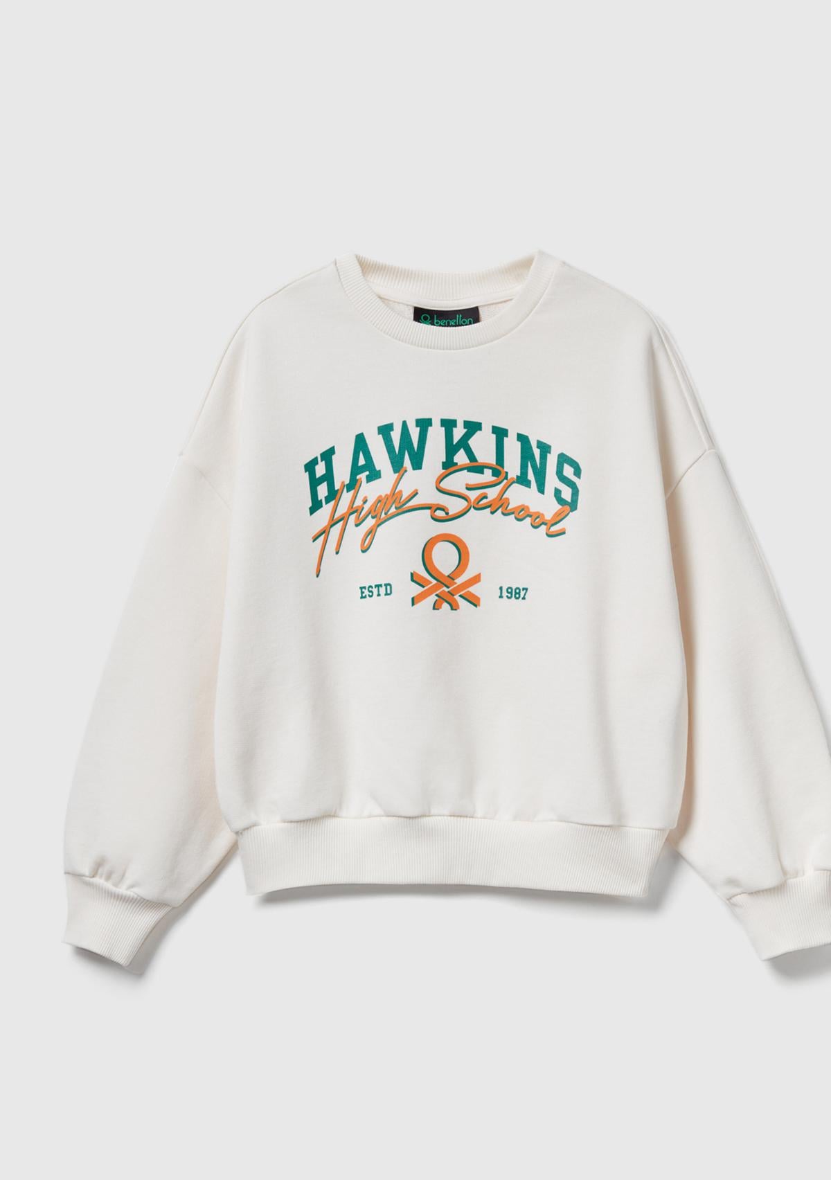 Kız Çocuk Krem %100 Pamuk Oversize Stranger Things Ön Baskılı Sweatshirt