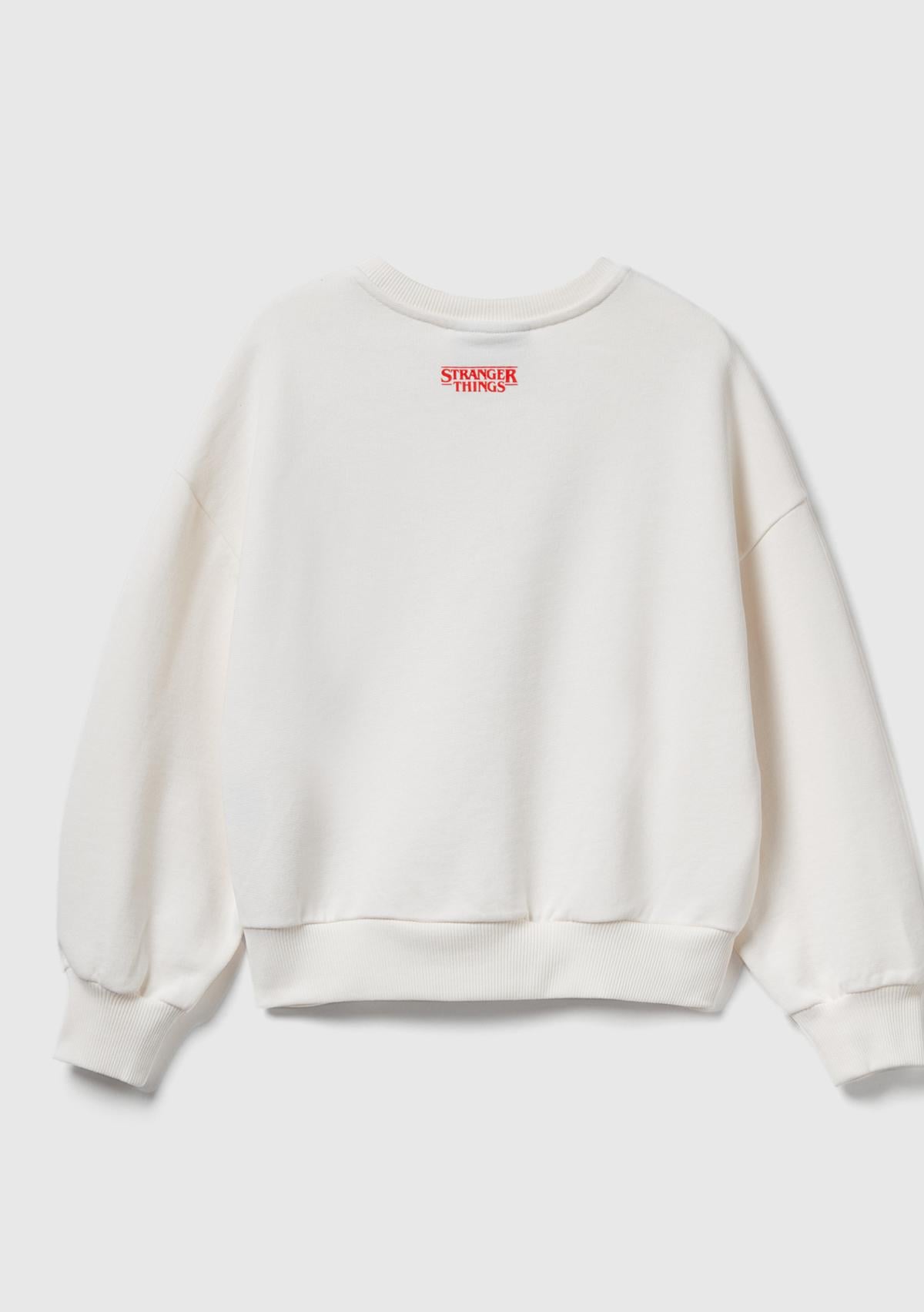 Kız Çocuk Krem %100 Pamuk Oversize Stranger Things Ön Baskılı Sweatshirt