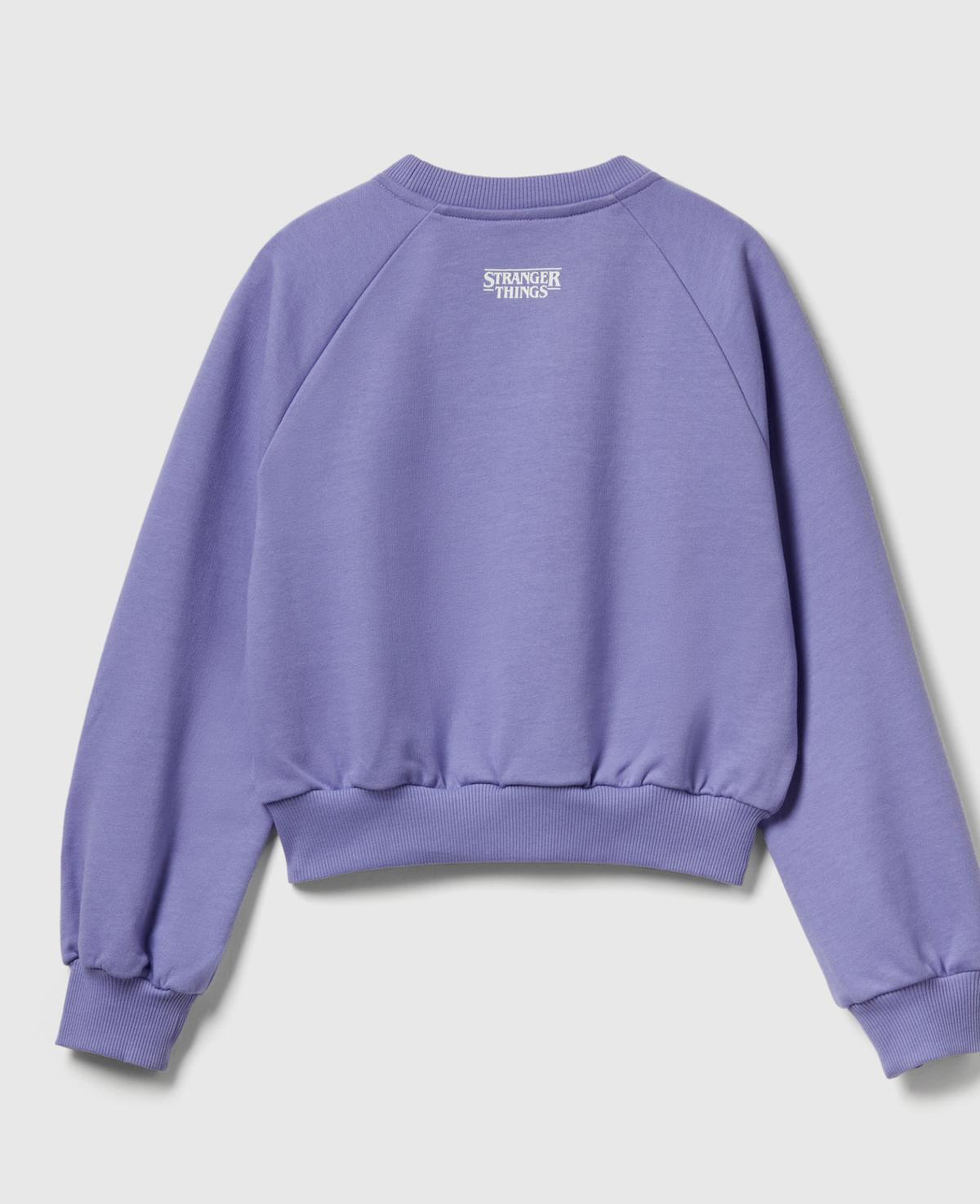 Kız Çocuk Lila %100 Pamuk Kısa Kesim Stranger Things Ön Baskı Detaylı Ribanalı Sweatshirt