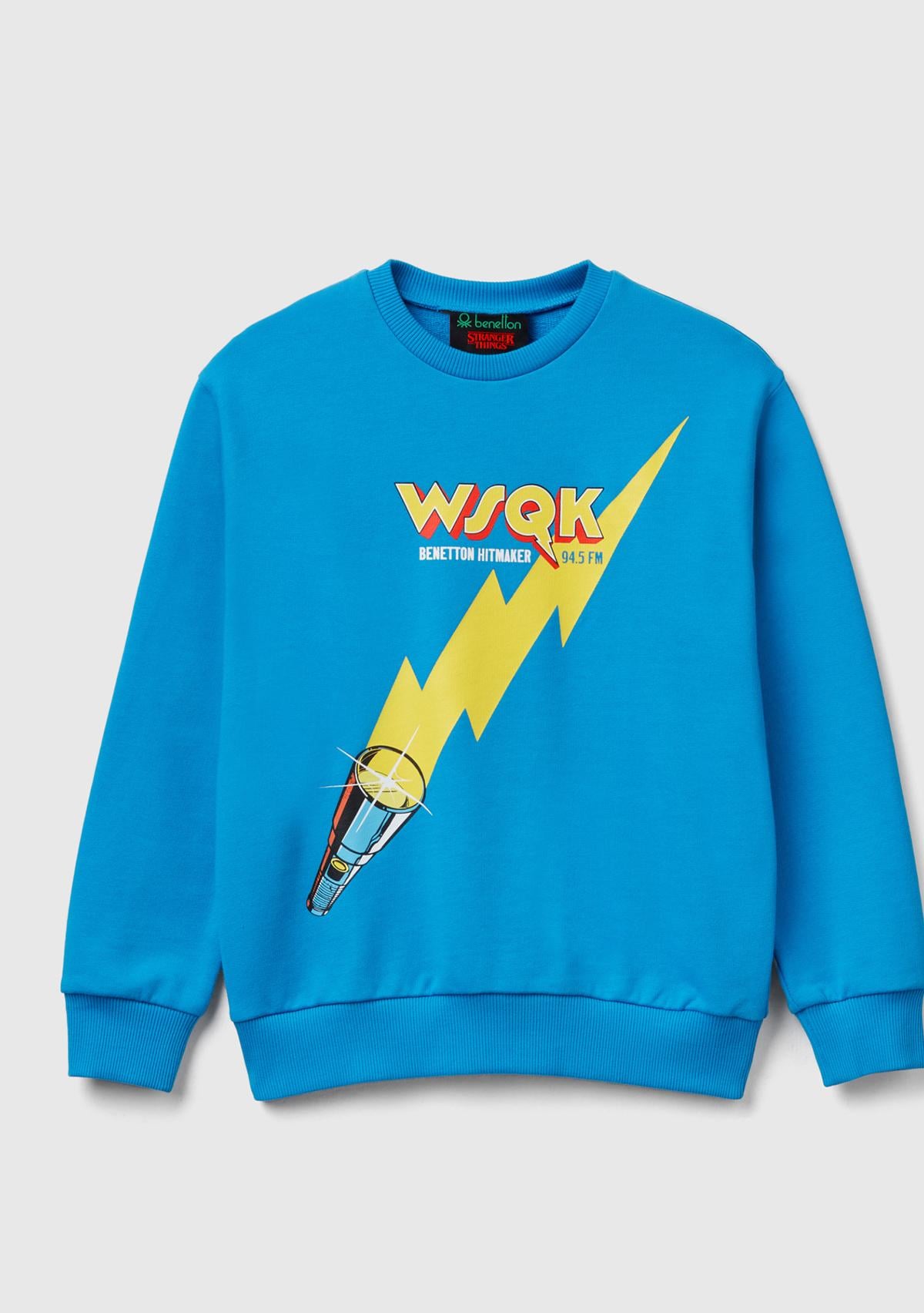 Erkek Çocuk Mavi % 100 Pamuk  Oversize Stranger Things Ön-Arka Baskılı Sweatshirt