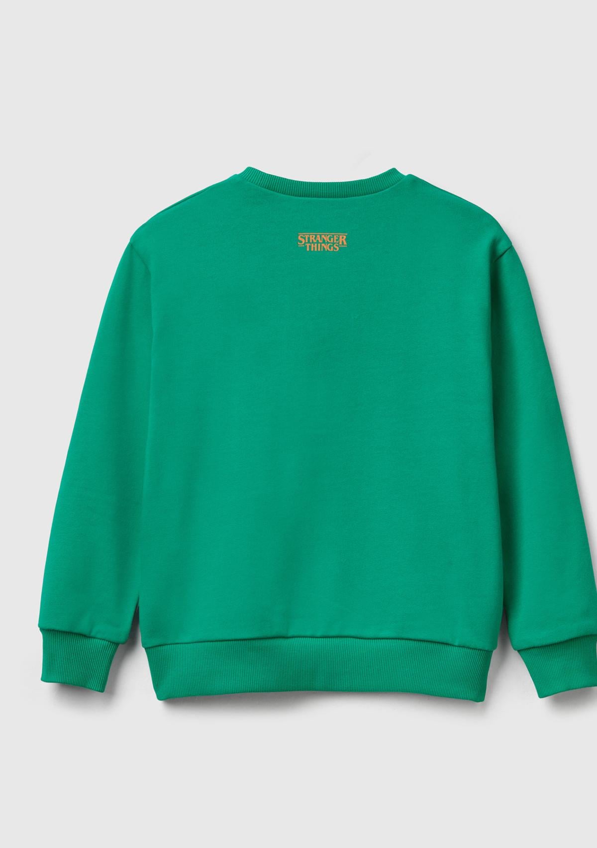 Erkek Çocuk Yeşil % 100 Pamuk Oversize Stranger Things Ön-Arka Baskılı Sweatshirt
