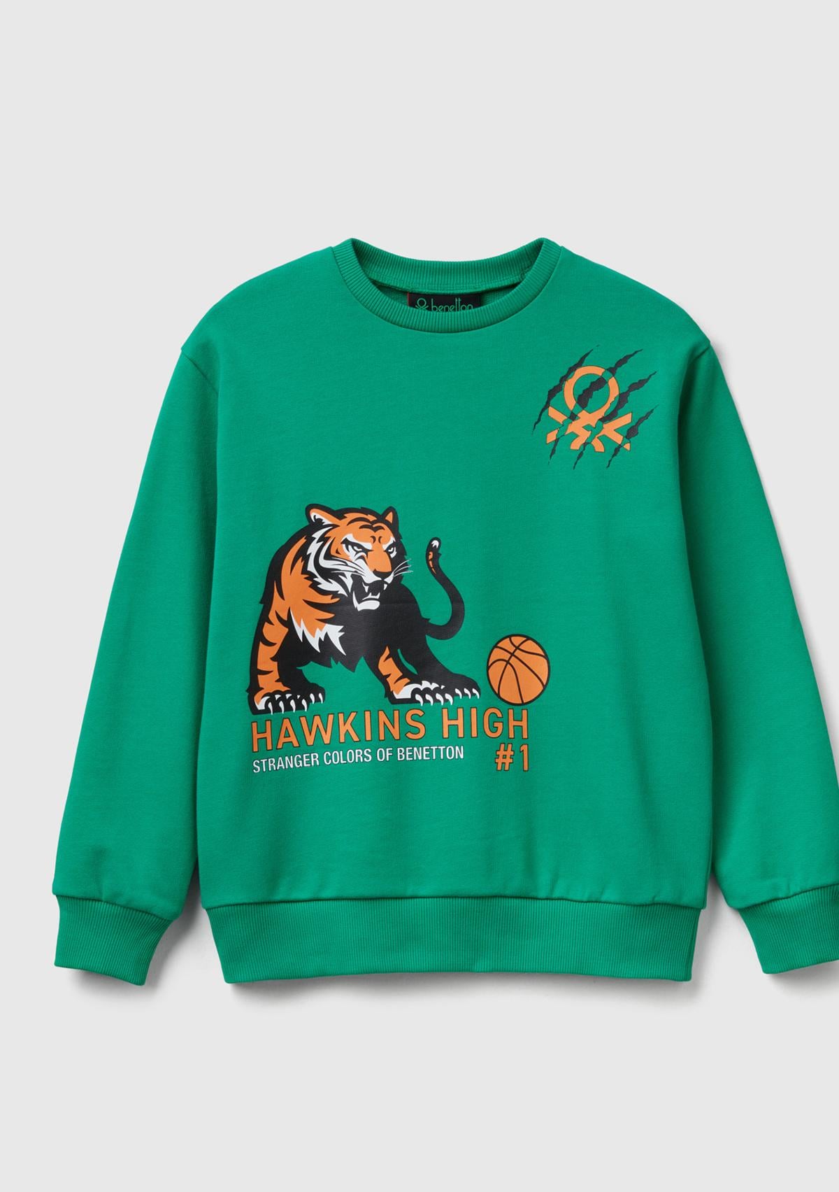 Erkek Çocuk Yeşil % 100 Pamuk Oversize Stranger Things Ön-Arka Baskılı Sweatshirt